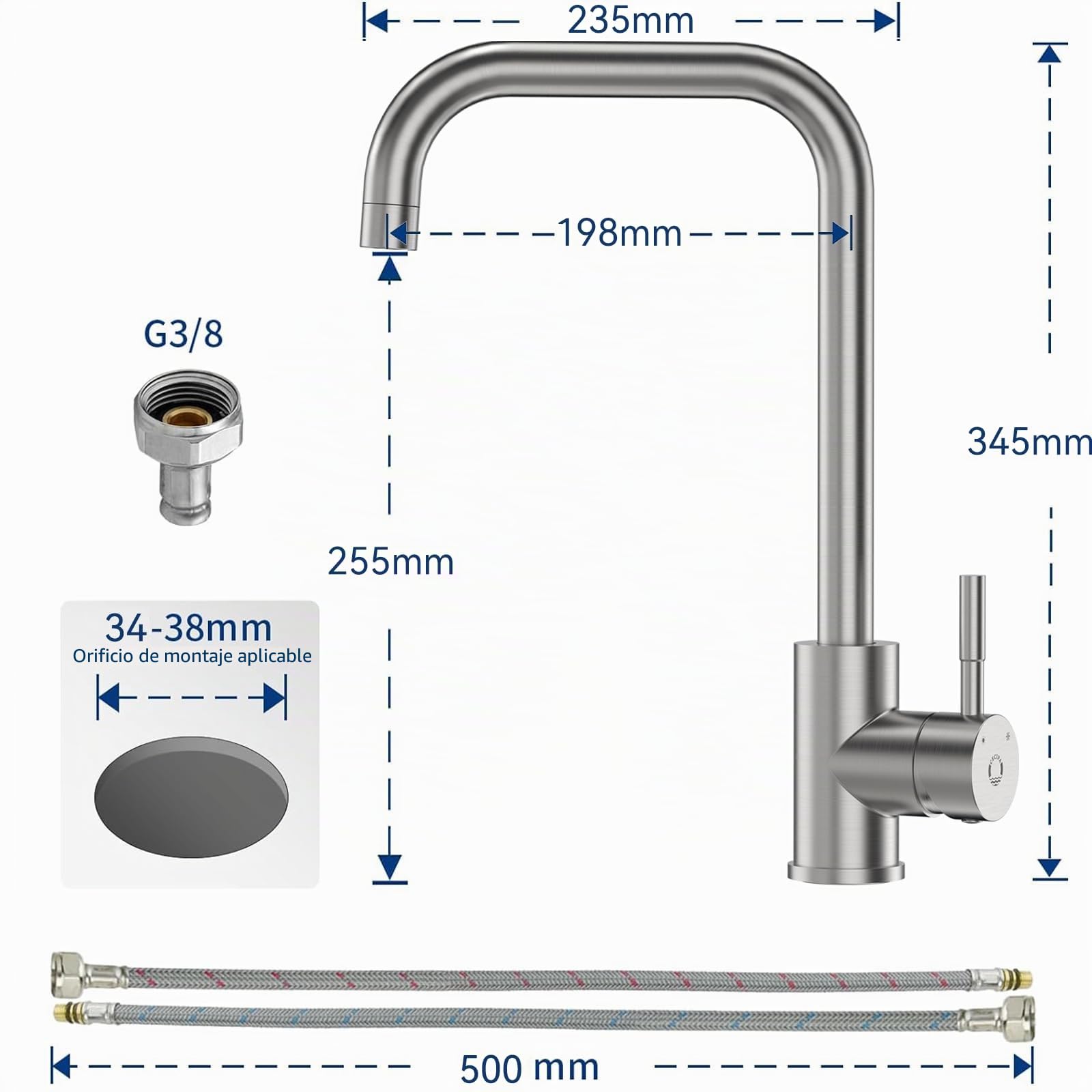 CECIPA Grifo Cocina con Caño Alto,Grifos Cocina Fregadero Giratorio 360°,Torneira Cozinha Agua Caliente y Fría de Acero Inoxidable 304,Resistente a la Corrosión Torneira monomando cozinha, Cepillado