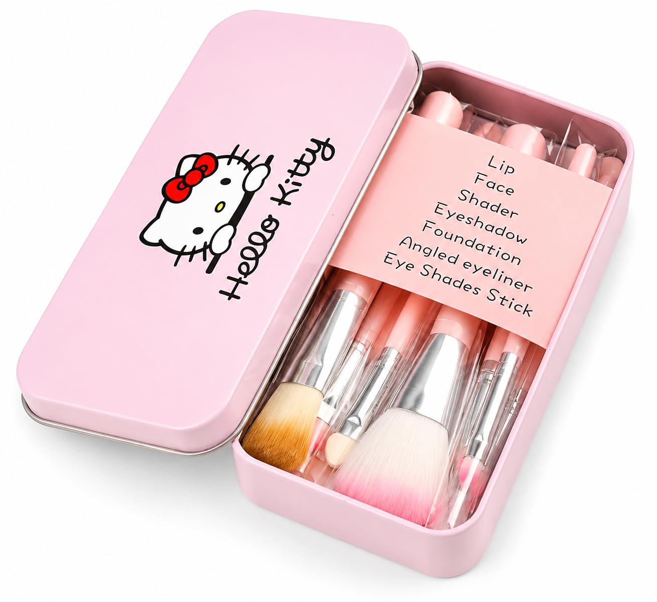 Hello Kitty Makeup Brush Set, 7 Pcs with Pink Metal Storage Box | Lip & Face Brushes, Eyeshadow & Foundation, Angled Eyeliner Brush, Eye Shades Stick, Travel-Friendly Tin-image-8