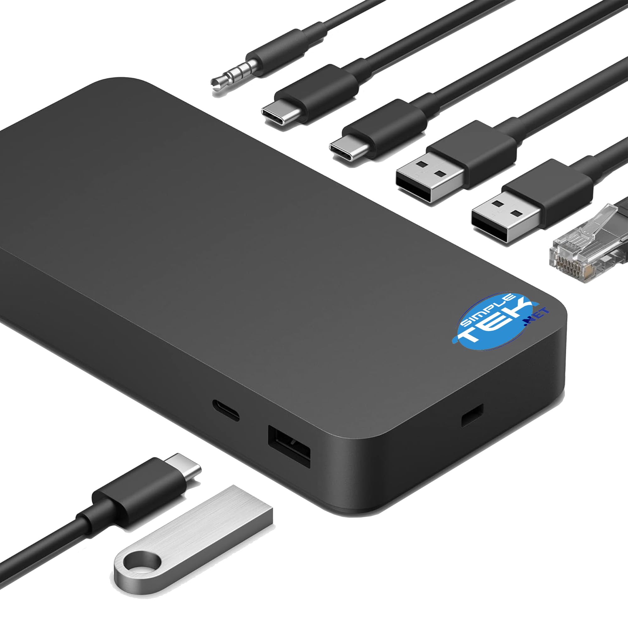 SIMPLETEK - Docking station Thunderbolt 165W con alimentatore incluso – 3x USB-C, 3x USB-A, RJ-45, Jack Audio, compatibile con Microsoft Surface Pro