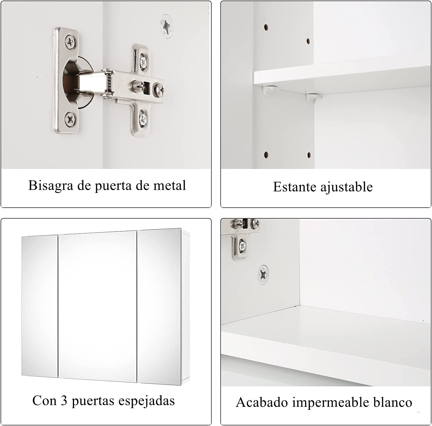 FOREHILL 70x60cm Armario Espejo Baño, Armario Baño Pared, Armario Baño | Armario Colgar de Pared con 4 Compartimentos, 3 Puertas, Blanco, 70x15x60cm