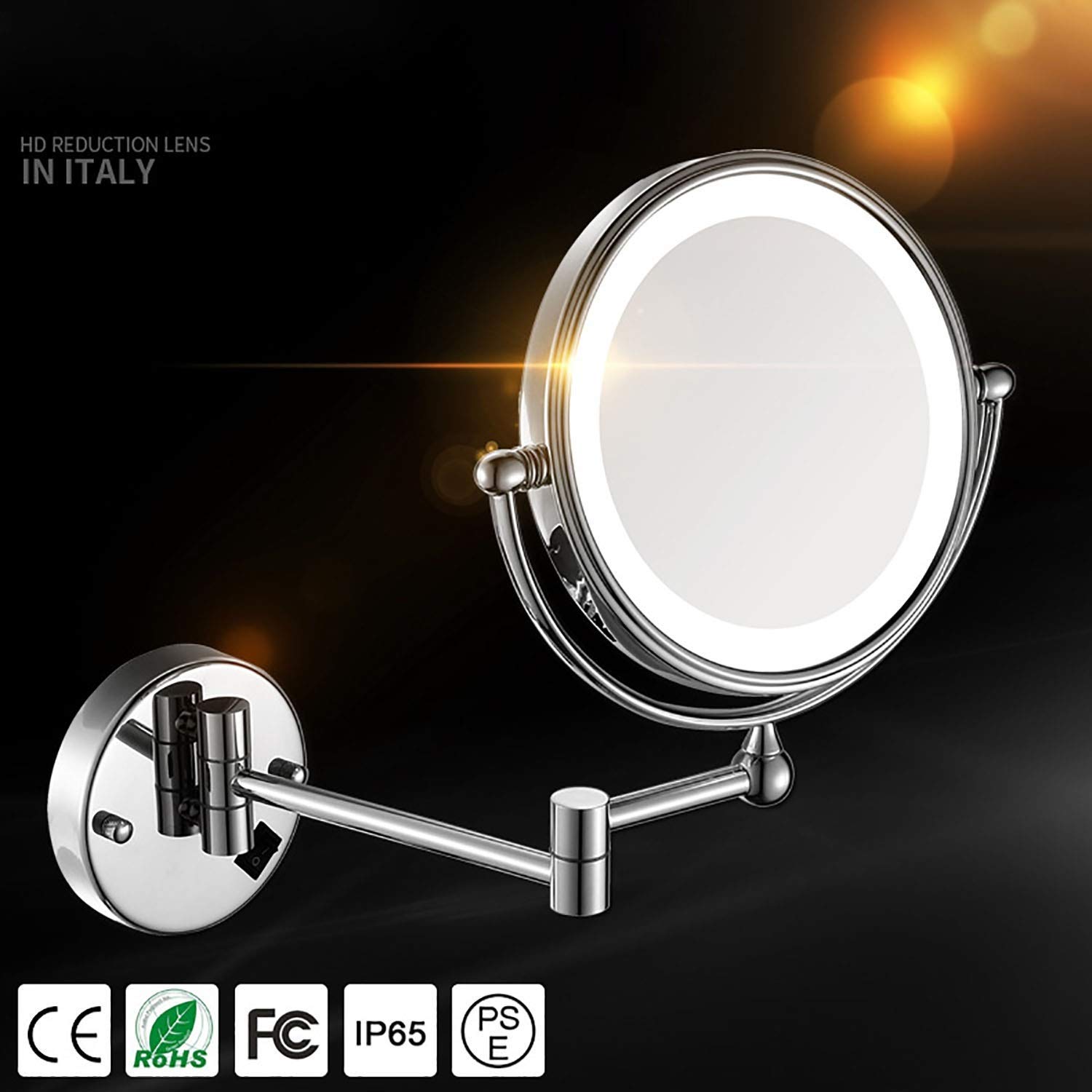 Specchio Trucco Specchio per Il Trucco, Montaggio a Parete ingrandito 10X Illuminato 8 Pollici Specchio cosmetico a Doppia Faccia con luci Argento