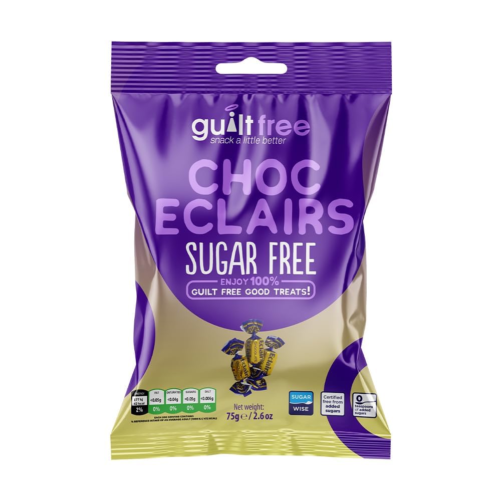 Guiltfree Sugar Free Chocolate Eclairs Sweets Retro Classic Sweet Eclair Sweets Milk Chocolate Toffee| for Diabetic Gift Hamper Basket Available - Perfect for Gifting | 1 x 75g Resealable Pack