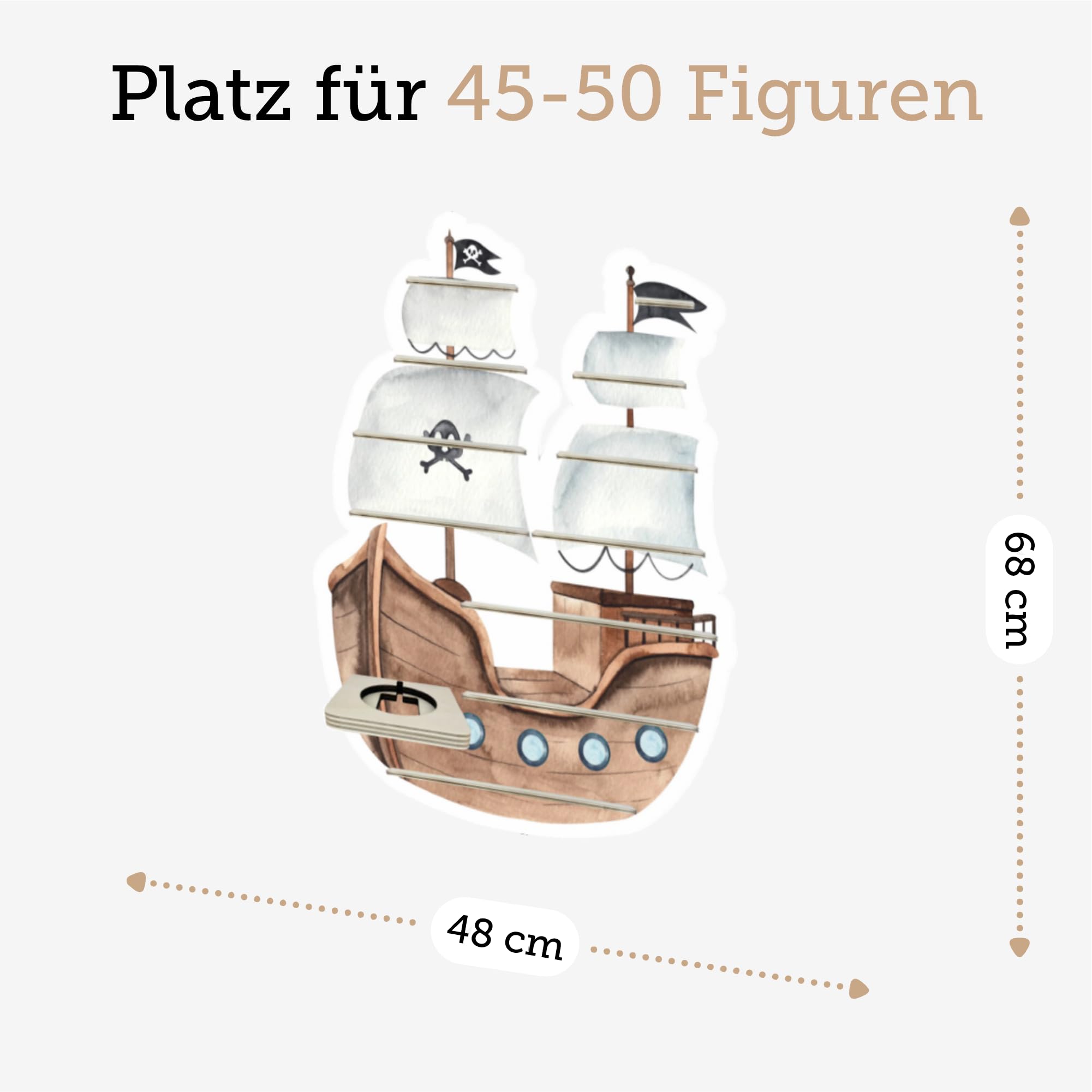 Farbklecks-Collection Tonie Regal Piratenboot, Wandregal für bis zu 50 Hörfiguren, Maße 6 x 48 x 68 cm, mit speziellem Ablagefach kompatibel mit Toniebox, handgefertigt in Deutschland