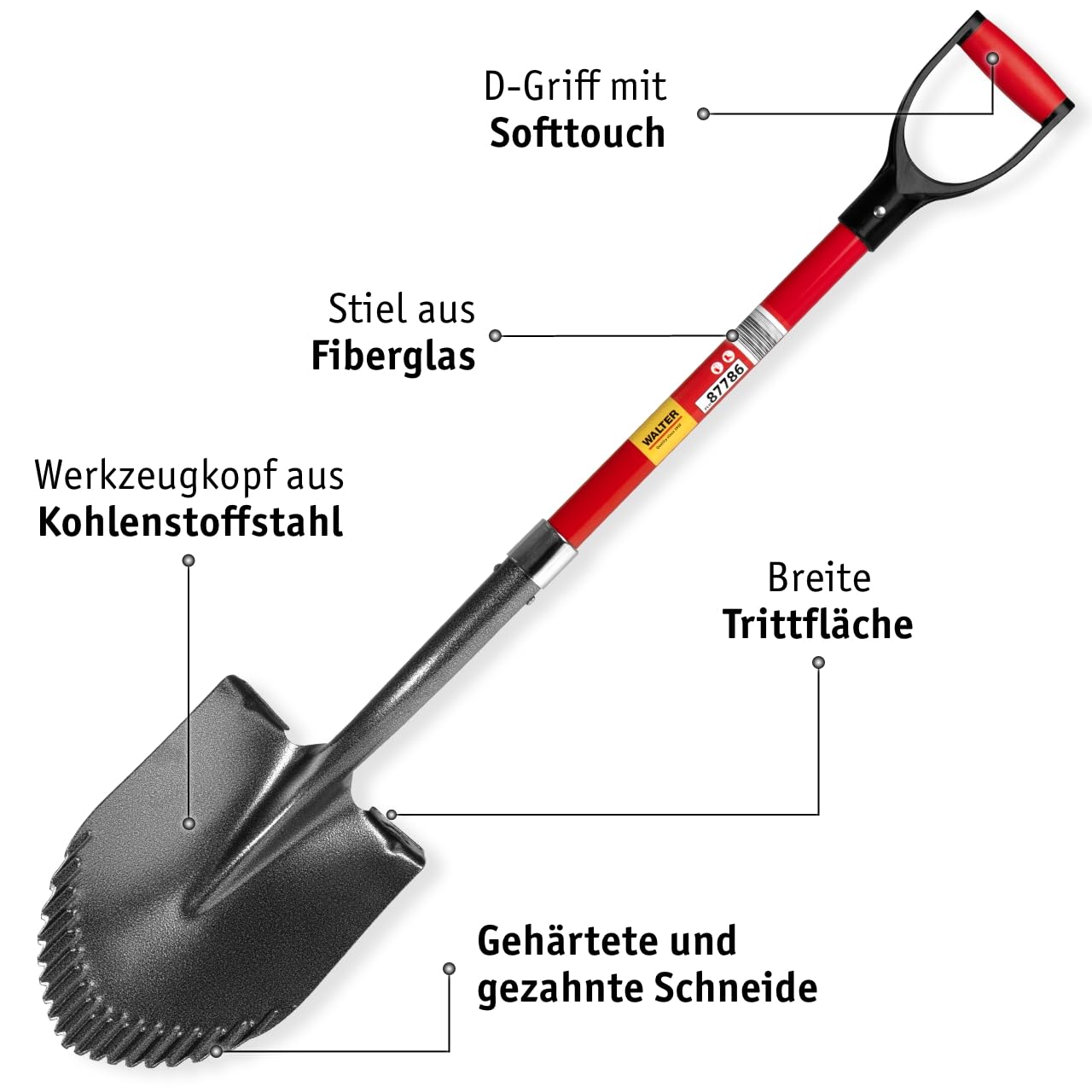 WALTER Professional Gartenspaten- Robuster Glasfaserstiel, Antirutschgriff, langlebiger Kohlenstoffstahl, gehärtete und gezahnte Schneide für Harte und steinige Böden, Kombispaten