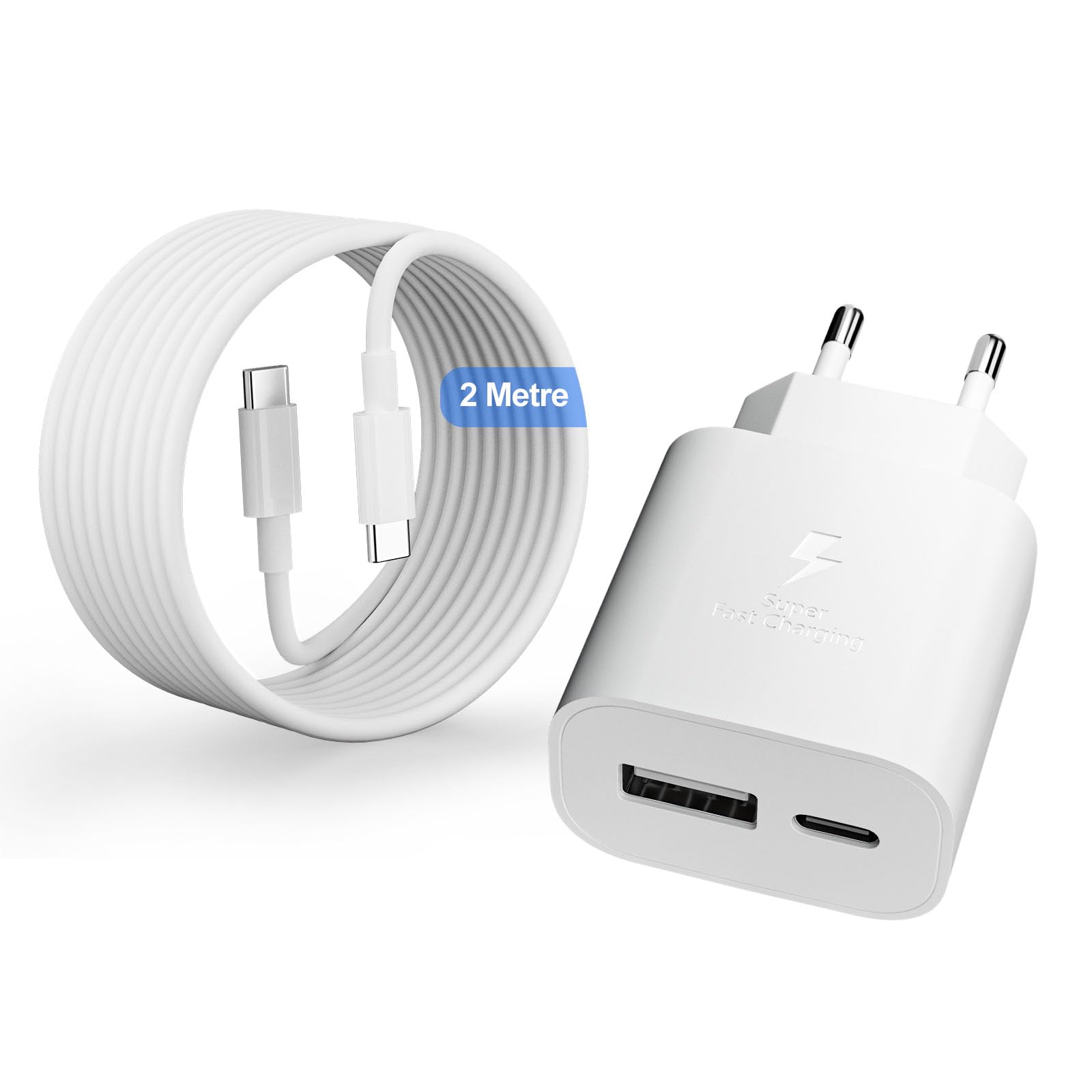 Caricatore per Apple iPhone 16/16e/16 Pro/16 Pro Max/16 Plus/15/15 Pro/15 Pro Max/15 Plus/iPad, 25W 2-Porto USB A e USB C Caricabatterie Alimentatore Presa Spina Rapido con Tipo C Cavo 2M