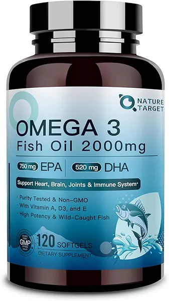 NATURE TARGET Omega 3 Fish Oil 2000mg Softgels with Vitamin D3 & E & A - EPA & DHA- Max-Absorption, Supports Heart, Brain & Immune Health, Non-GMO, 120 Softgels