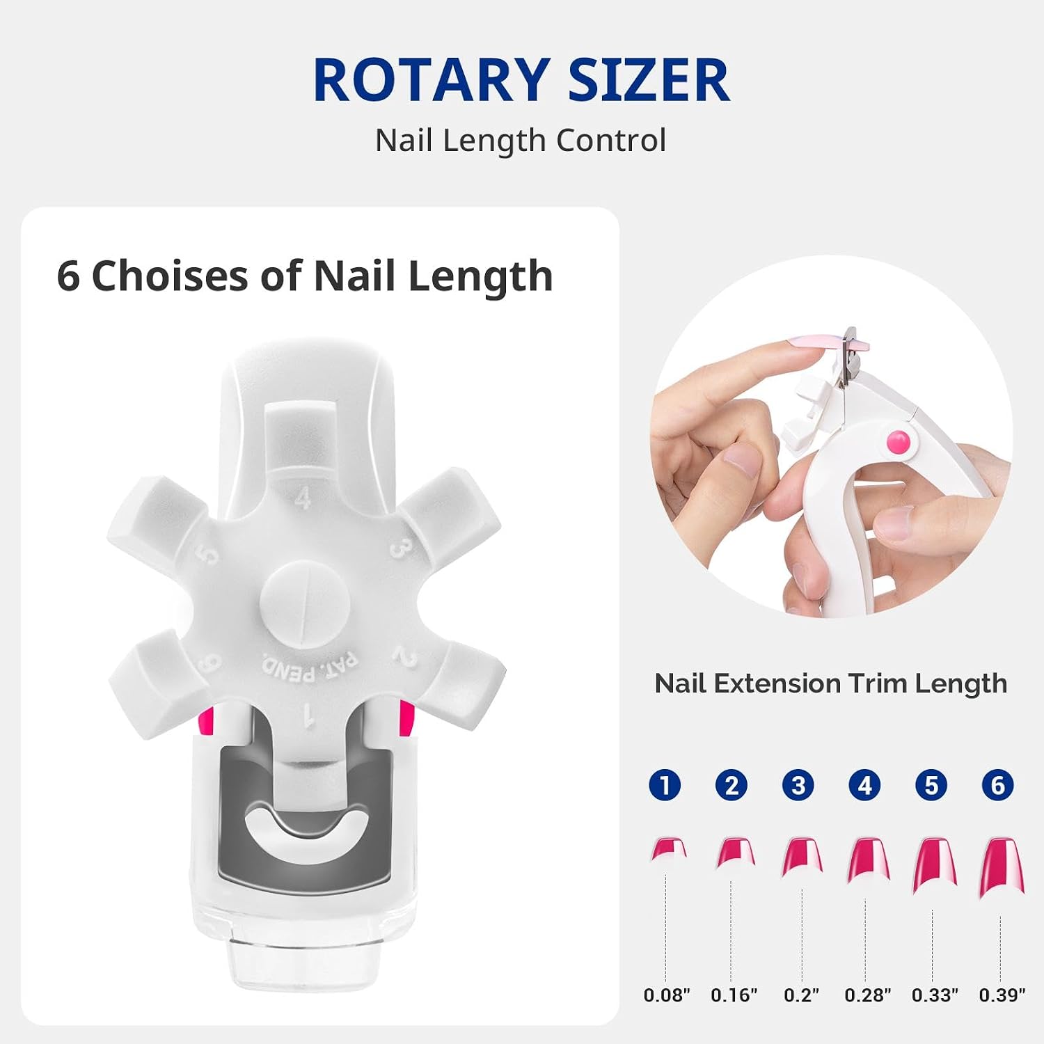 AIRSEE Nail Clippers for Acrylic Nails with Sizer and Catcher Adjustable Nail Tip Cutter with Length Measurement Dial Artificial Fake Extension Trimmer Nail Art Salon Home Manicure Tool - White