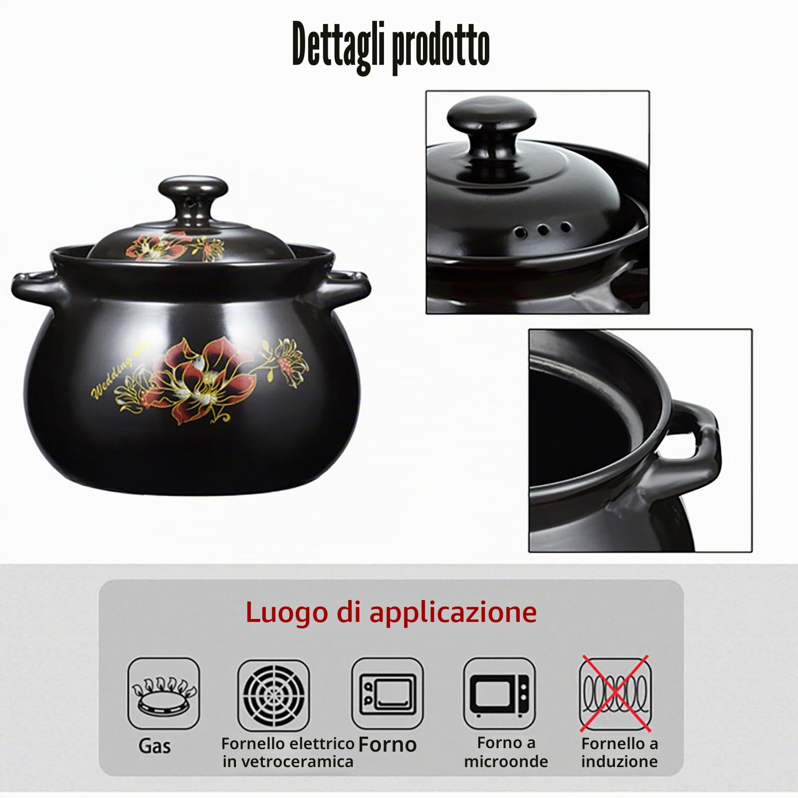 YLME Casseruola con Coperchio pentola in Terracotta di Grandi Dimensioni per Cucinare stufati zuppe Riso e Piatti brasati Adatta Sia ai fornelli Che al Forno,3L