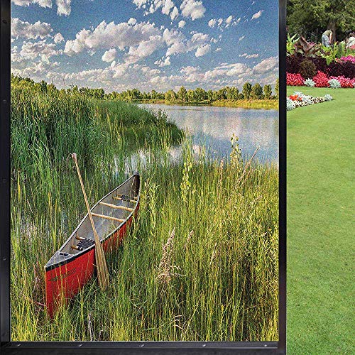 Lake Theme Window Film Static Cling Film,Picturesque of a Canoe with Wooden Paddle in Grass Near Water Vegetation Window Sun Block for Home UV Blocking Privacy,Multicolor 24
