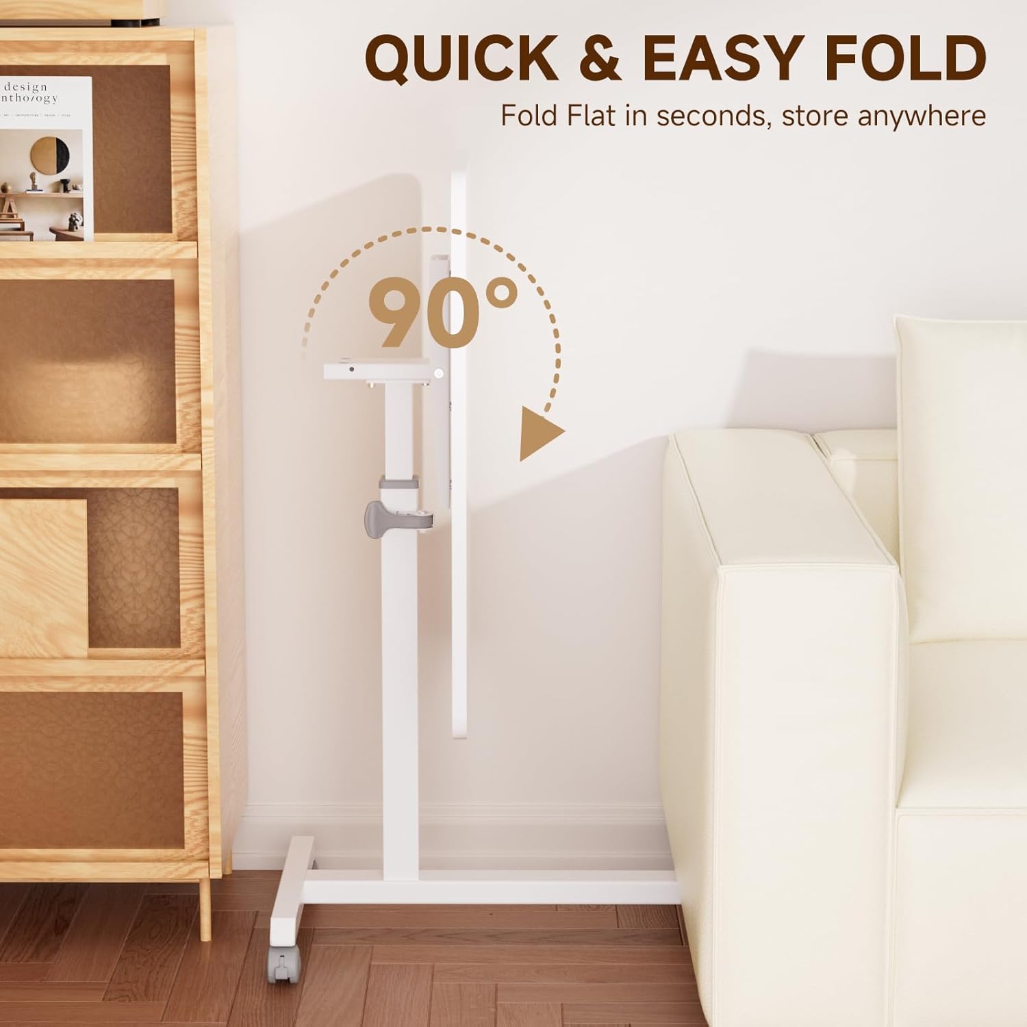 GTPLAYER Small Standing Desk, 24 Inches Mobile Foldable Rolling Laptop PC Table with Lockable Casters, Adjustable Height Overbed Bedside Table Computer Workstation for Home Office, White