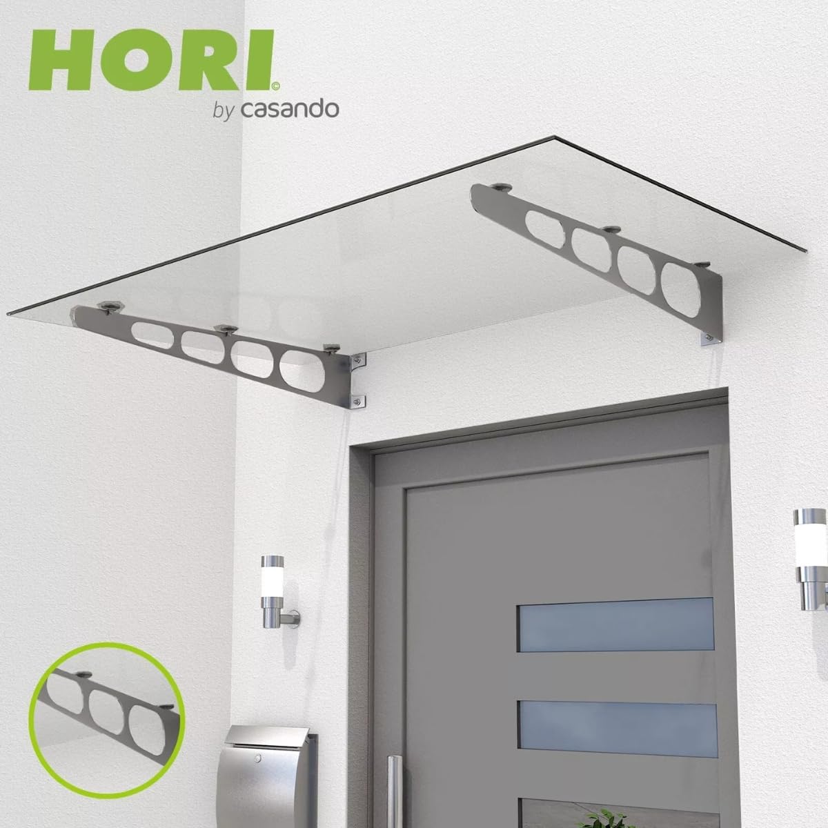 HORI stilvolles Vordach für Haustür - Sicherheitsglas mit Edelstahl Rahmen - wetterfeste Überdachung für Eingangstür - mit UV-Schutz & Regenschutz - pflegeleicht & langlebig - 140 x 90 x 16 cm