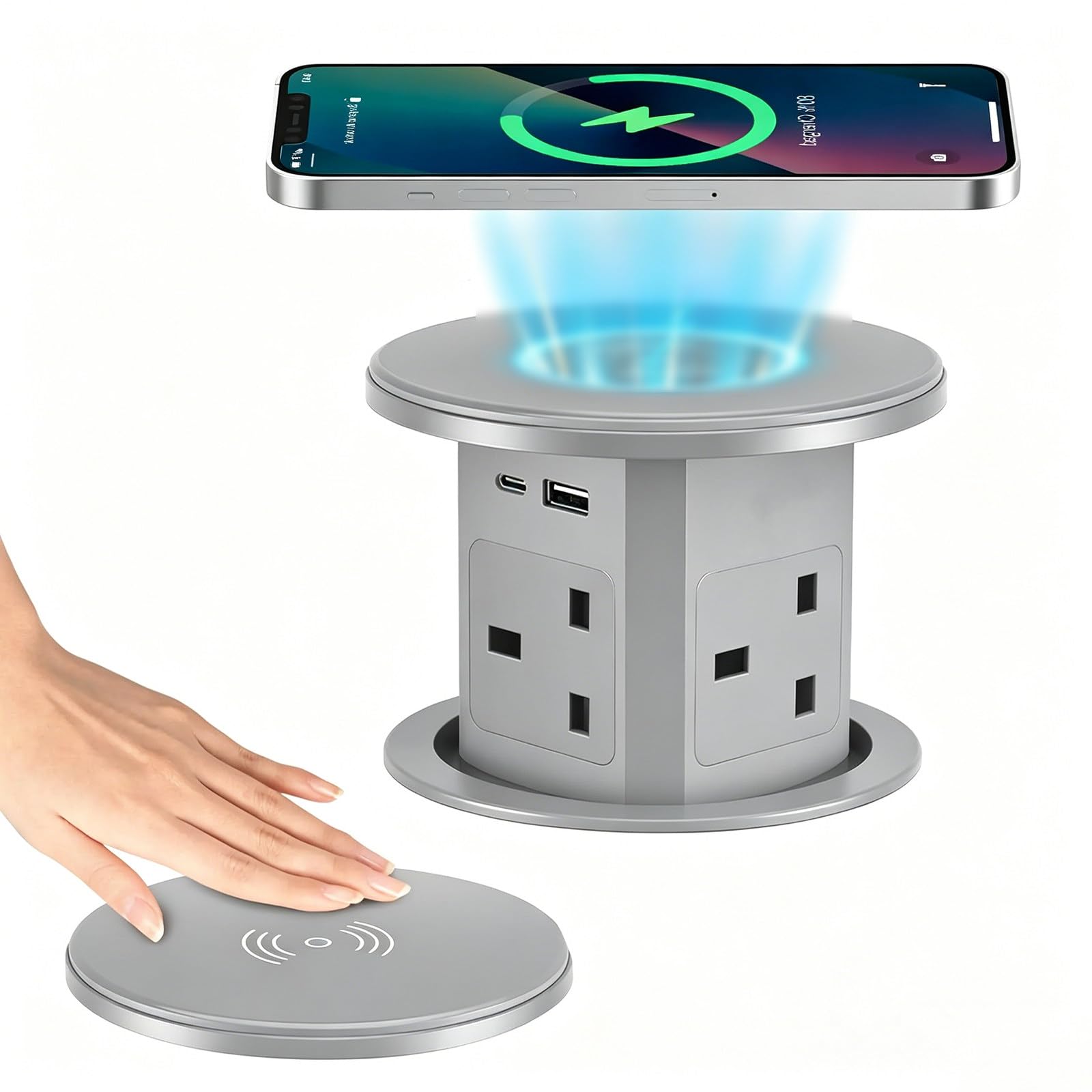 Gniazdka Wysuwane Do Blatów Kuchennych,Inteligentne Podnoszenie,Z Ładowarką Bezprzewodową 15W,Z 4 Gniazdami Ac,Portami Usb-C + Usb-A,Ukryta Konstrukcja,Hydrauliczne Gniazdo Podnoszące C