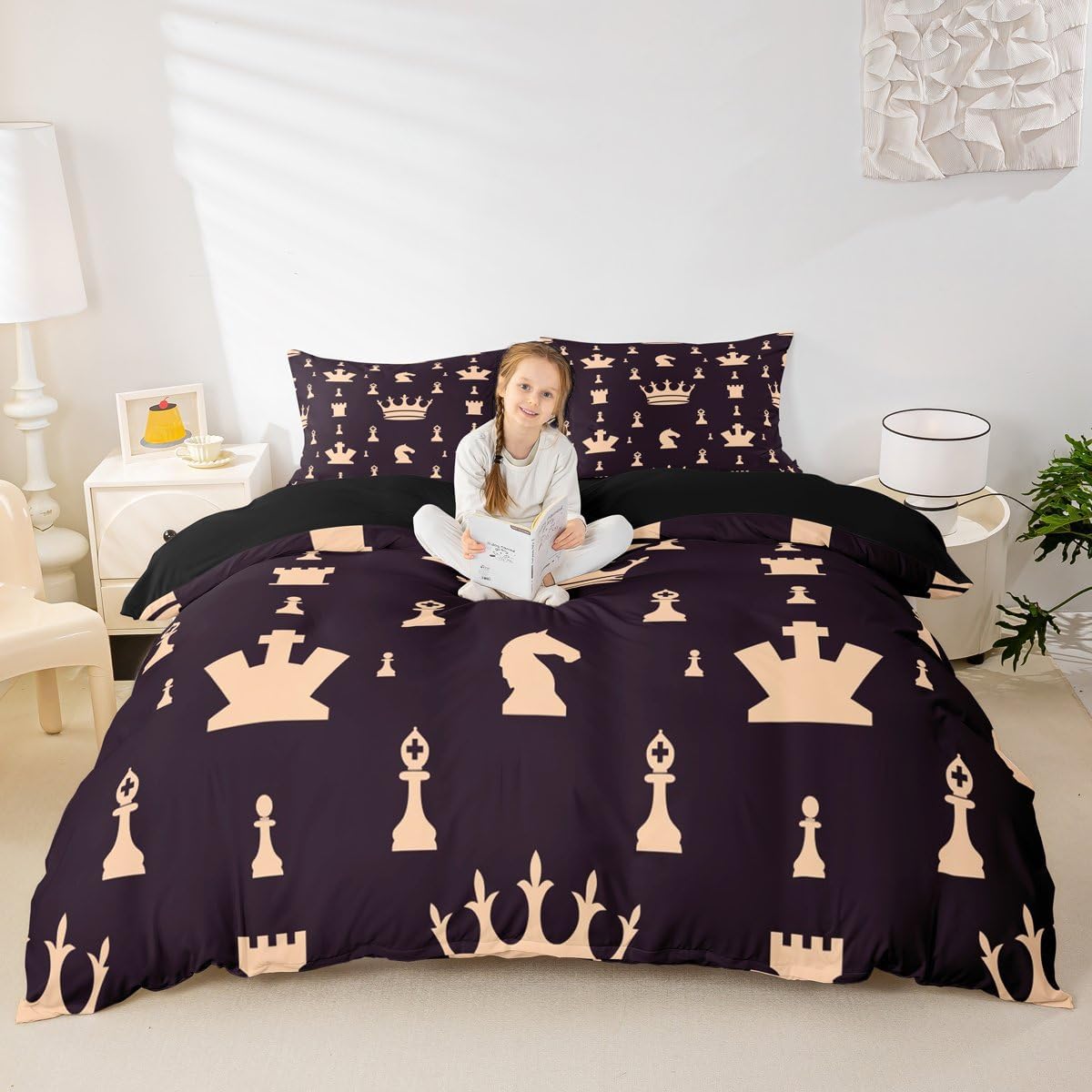 Erosebridal Chess Duvet Cover Kids Girls Crown Pattern Comforter Cover, Home Games Theme Bedding Set for Children Boys Teens Adult Horse Vintage Style Quilt Cover Full Size Decorative Room 3 Pcs