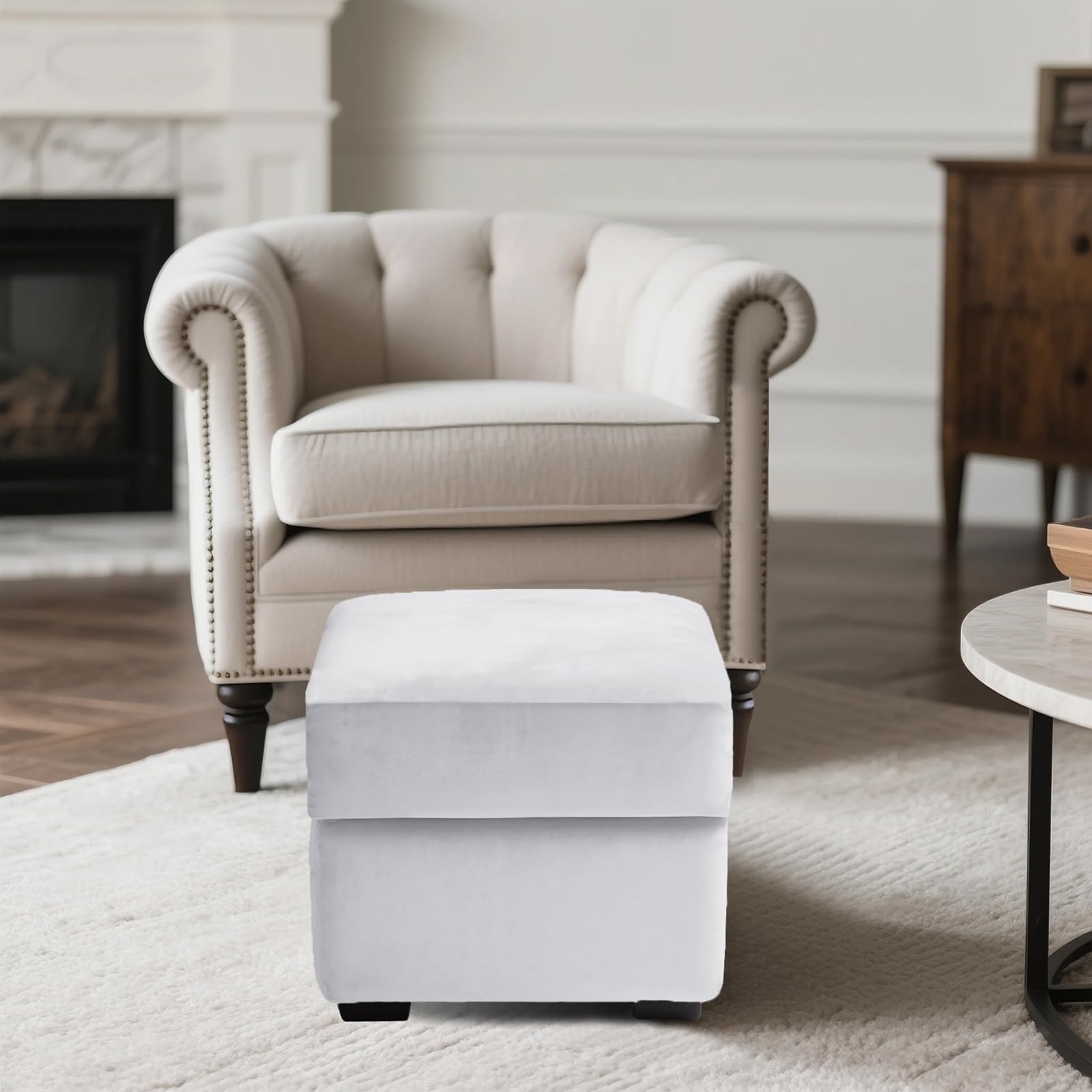 SYLC Ottoman Cover Stretch Velvet, Footstool Cover and Pouffe Cover Non-slip with Elastic Bottom/ties, Slipcover for Folding Storage Poofy Foot Stool (White,Square-S Ottoman+Seat)
