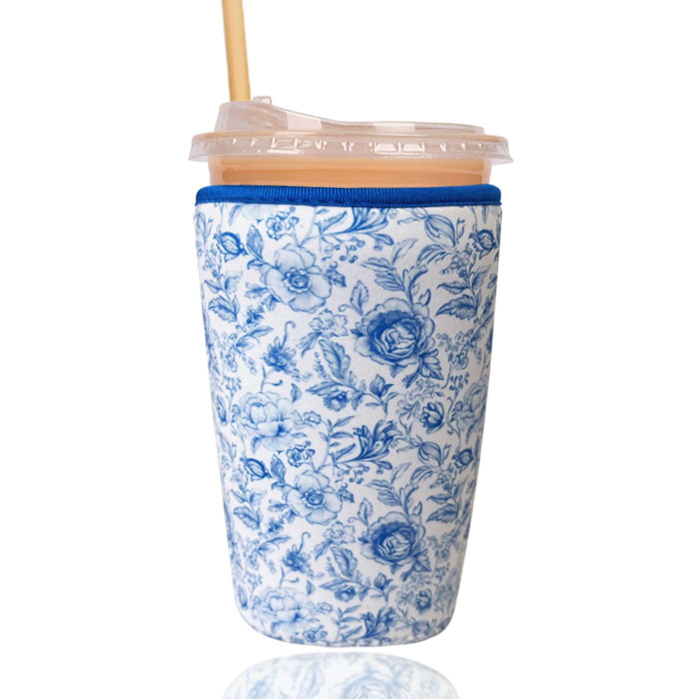 Reusable Insulated Sleeve for Iced Coffee Cup, Coffee Neoprene Sleeve for Cold &amp; Hot Drinks, Beverage Holder for Iced Coffee (Vintage Blossoms, Large: 32oz)