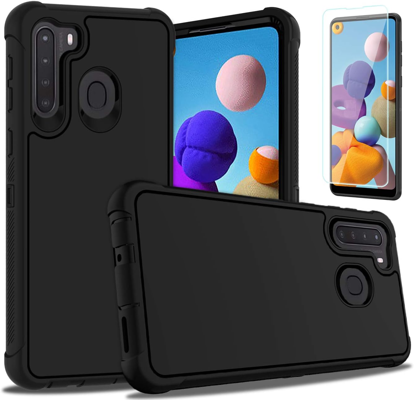 PhuLok Samsung A21 Case,Galaxy A21 Case,with HD Screen Protector,Heavy Duty Armor Shockproof Sports Anti-Scratches Non-Slip Bumper Rugged Case for Galaxy A21 (Black)