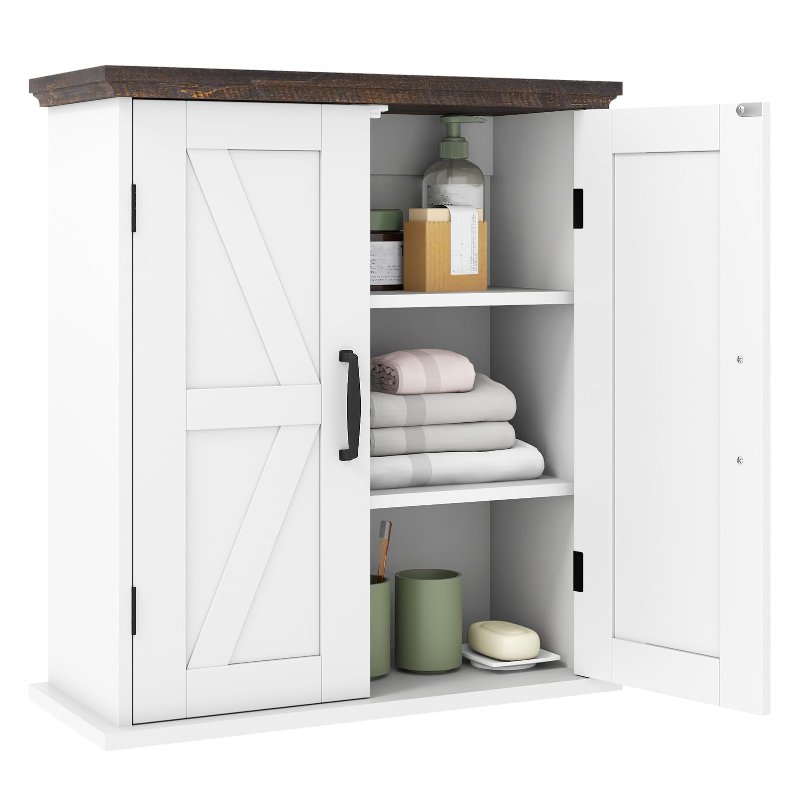 COSTWAY Mobile da Parete per Bagno, Mobiletto Salvaspazio Farmhouse per Farmacia con 2 Ante e Ripiani Regolabili, Specchio Contenitore per Soppalco Sopra il WC per Cucina, Lavanderia e Ingresso