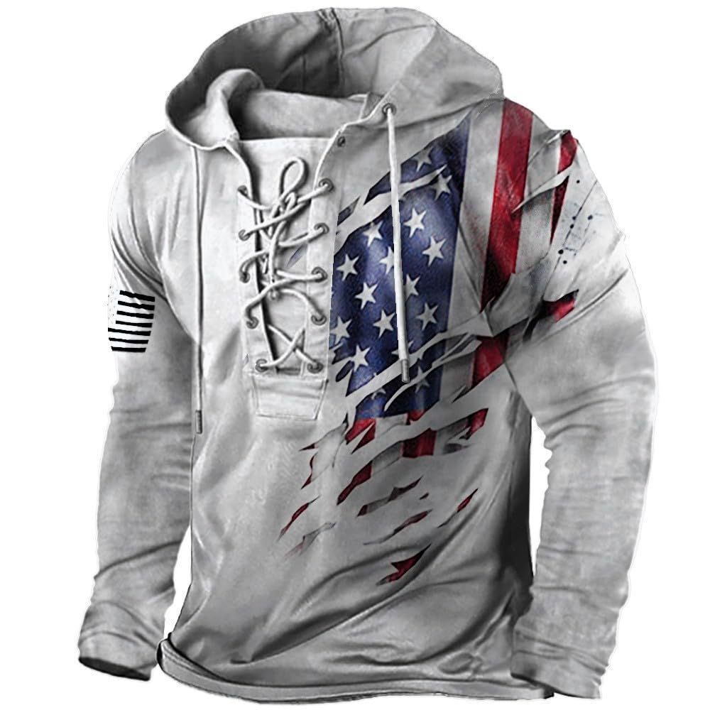 Bengbobar Men's Military Tactical Hoodies Retro Distressed American Flag Print TieUp Pullover Trainning Camping Sweatshirt