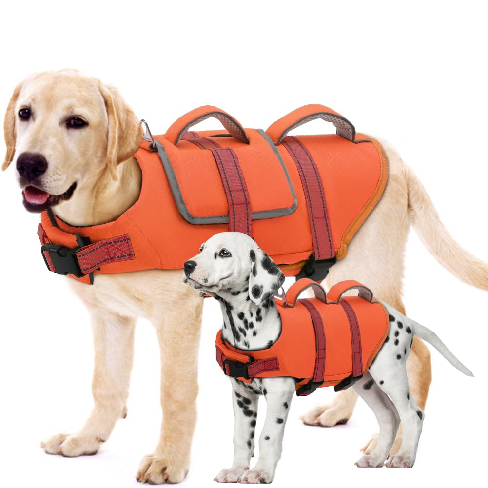 EMUST Dog Life Jacket, Thickened Dog Life Vests for Medium Large Dogs with Added Layer, Reflective Pet Life Preserver Floats for Pool Boating Swimming