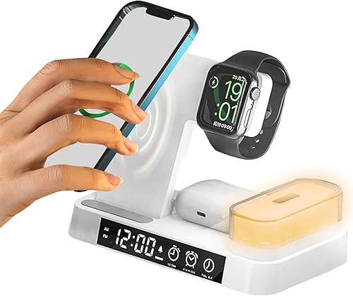 Miniatura 8 de Cargador inalámbrico, estación de carga inalámbrica 4 en 1 con reloj despertador digital, luz nocturna, cargador rápido de 20 W para AirPods Watch