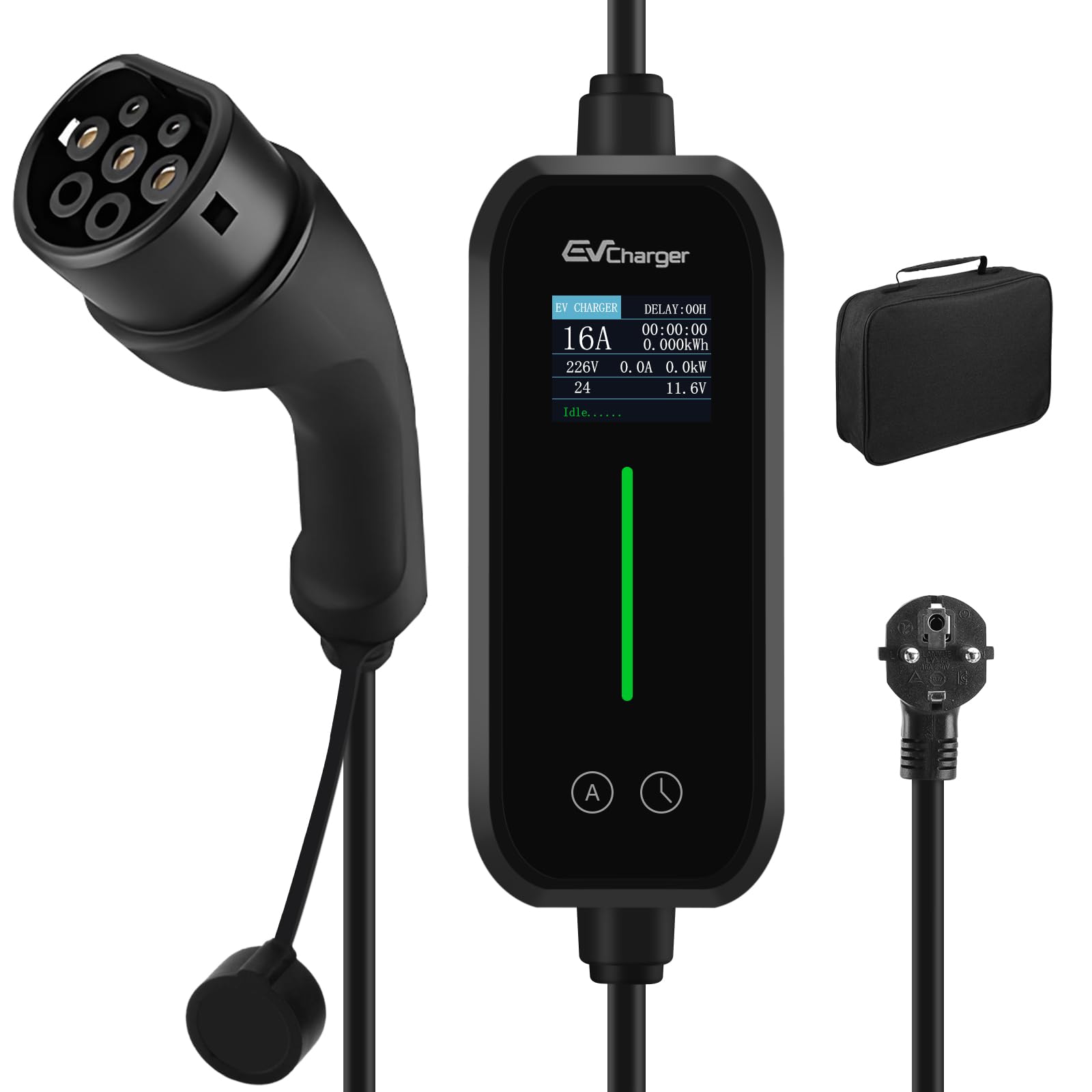 Cargador Coche Eléctrico, Cargador EV Tipo 2 de 3.6KW con Corriente Conmutable 8A-16A, con 1.77” Pantalla LED, Carga Temporizada, Acepta Voltaje Doméstico 220V,Cable Carga Coche Electrico, 6M
