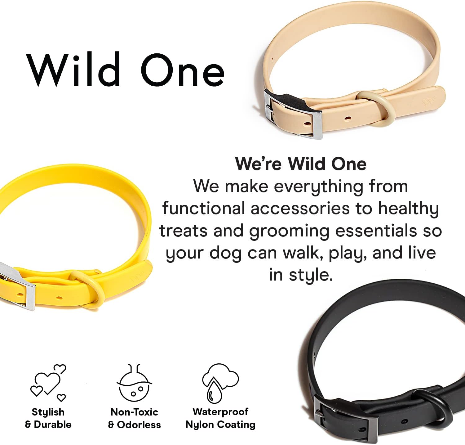 Wild One Dog Collar, Easy-Clean, All Weather Flex-Poly Strap with Metal, Durable, Dirt and Odor Resistant (Black, L)
