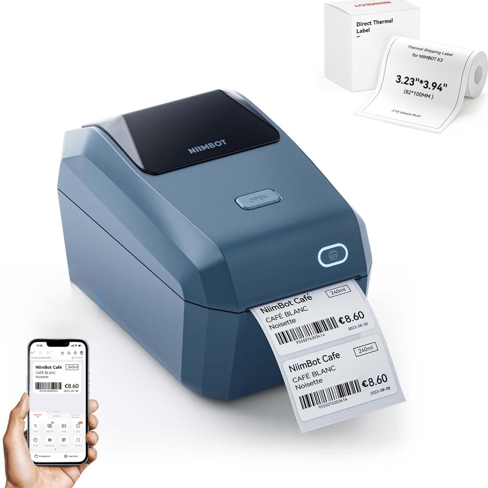 NIIMBOT Imprimante d’Étiquettes K3, Impression Rapide, Bleu | Largeur d’Impression Maximale 82 mm, Compatible PC, 7 Android et 3 IOS, pour Petite Entreprise et Bureau