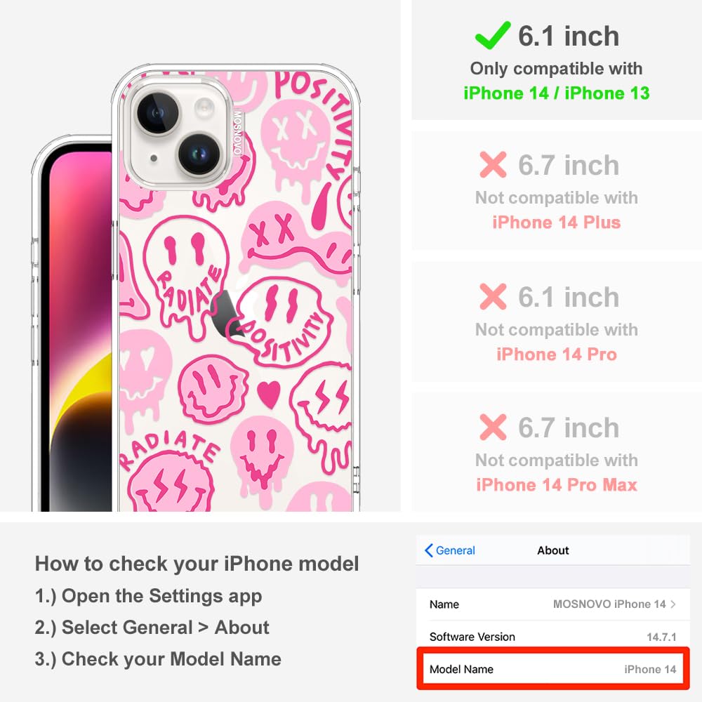 MOSNOVO Coque pour iPhone 13 / iPhone 14, [Protection de Qualité Militaire 2m] [Technologie Anti-Décollage] Coque Transparente Antichoc en TPU avec Design - Sourires Roses Dégoulinants - 2