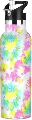 Botella de agua para niños con popote para la escuela, botella de agua de 20 onzas aisladas para niños y niñas, sin BPA, vibrantes remolinos de