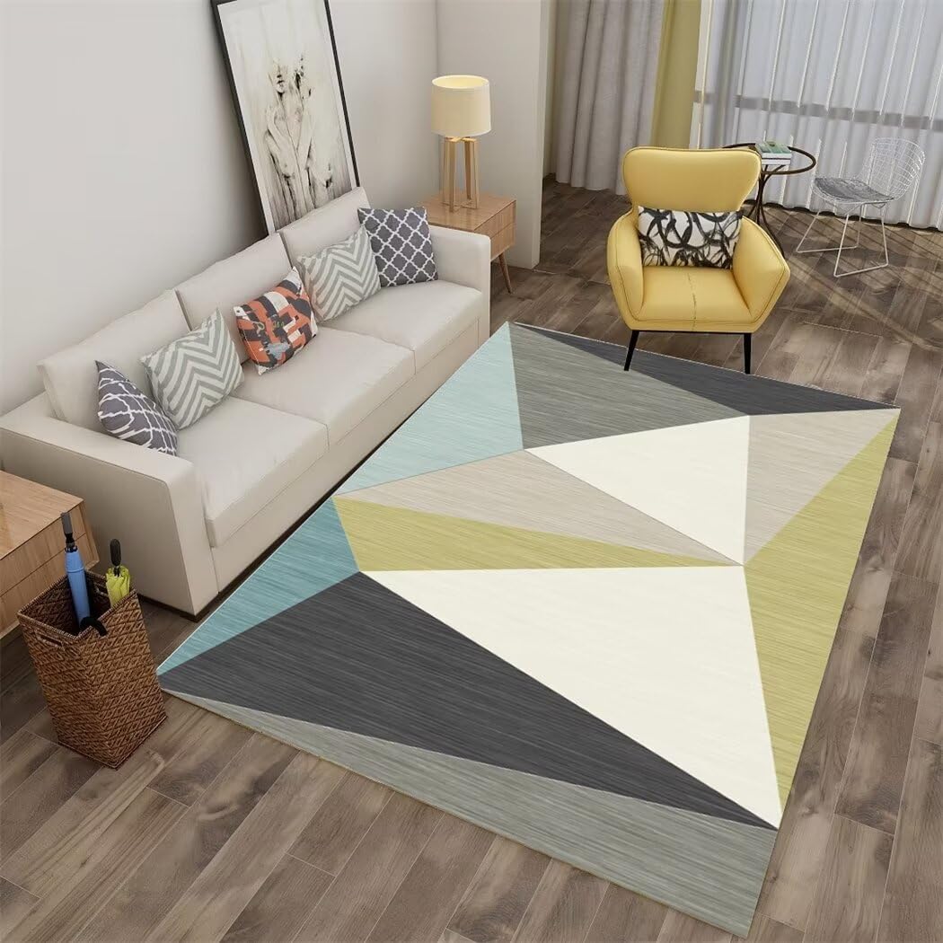 Tapis de sol salon bleu 200x300cm au motif géométrique moderne