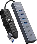 4Ft 7-Port USB Hub 3.0 for Desktop, 4 USB-A & 3 USB-C Ports Aluminium 5Gbps USB Extender Hub, USB Splitter, USB Hub Long Cable for Desktop, PC, Flash Drive, Mobile HDD SSD, Windows/XPS