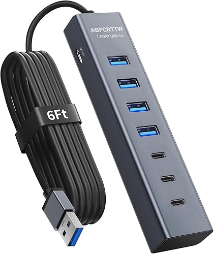 Miniatura 9 de Concentrador USB 3.0 de 4 pies con 7 puertos para escritorio, 4 puertos USB-A y 3 puertos USB-C de aluminio, concentrador extensor USB de 5 Gbps,