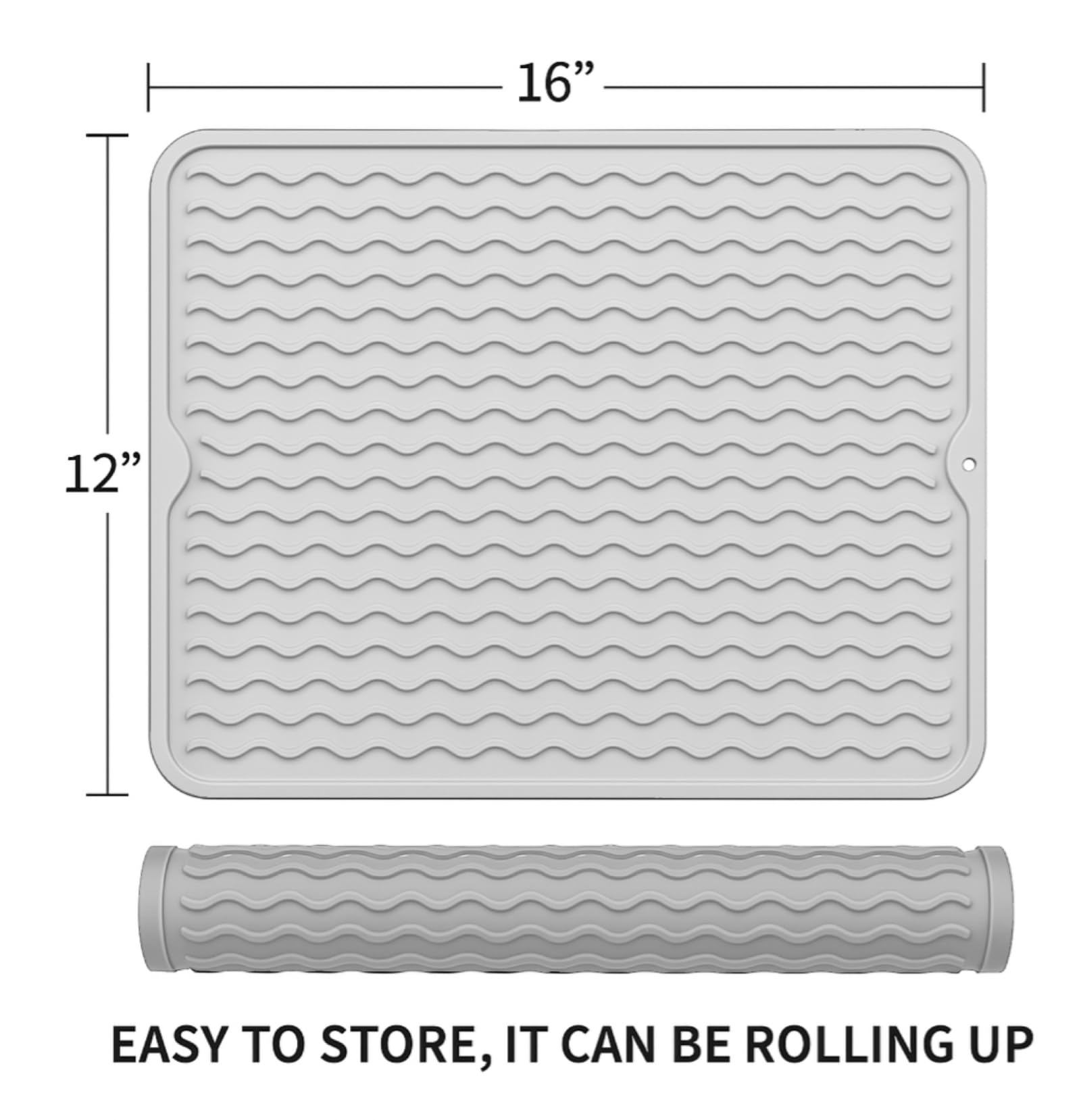 Silicone Drying Mat 16 × 12 – Gray/Black/Pink Rose Non-Slip Sink Mat for Kitchen Counter, Heat-Resistant Food-Grade Dish Pad, Easy-Clean Multipurpose Drawer Liner (Gray, 16'' x 12'')