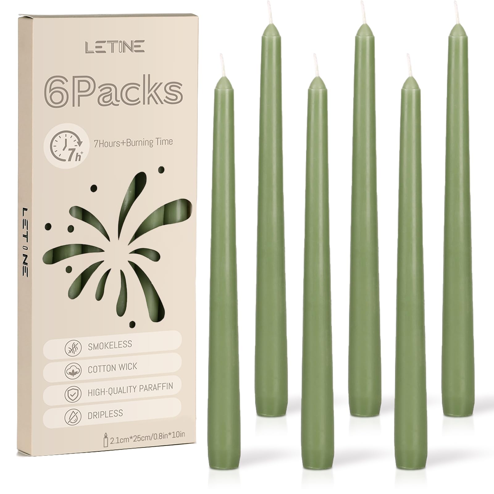 LETINE Pack of 6 Taper Candles, 7 Hour Candles, Green, 25 cm, Fragrance — image 1