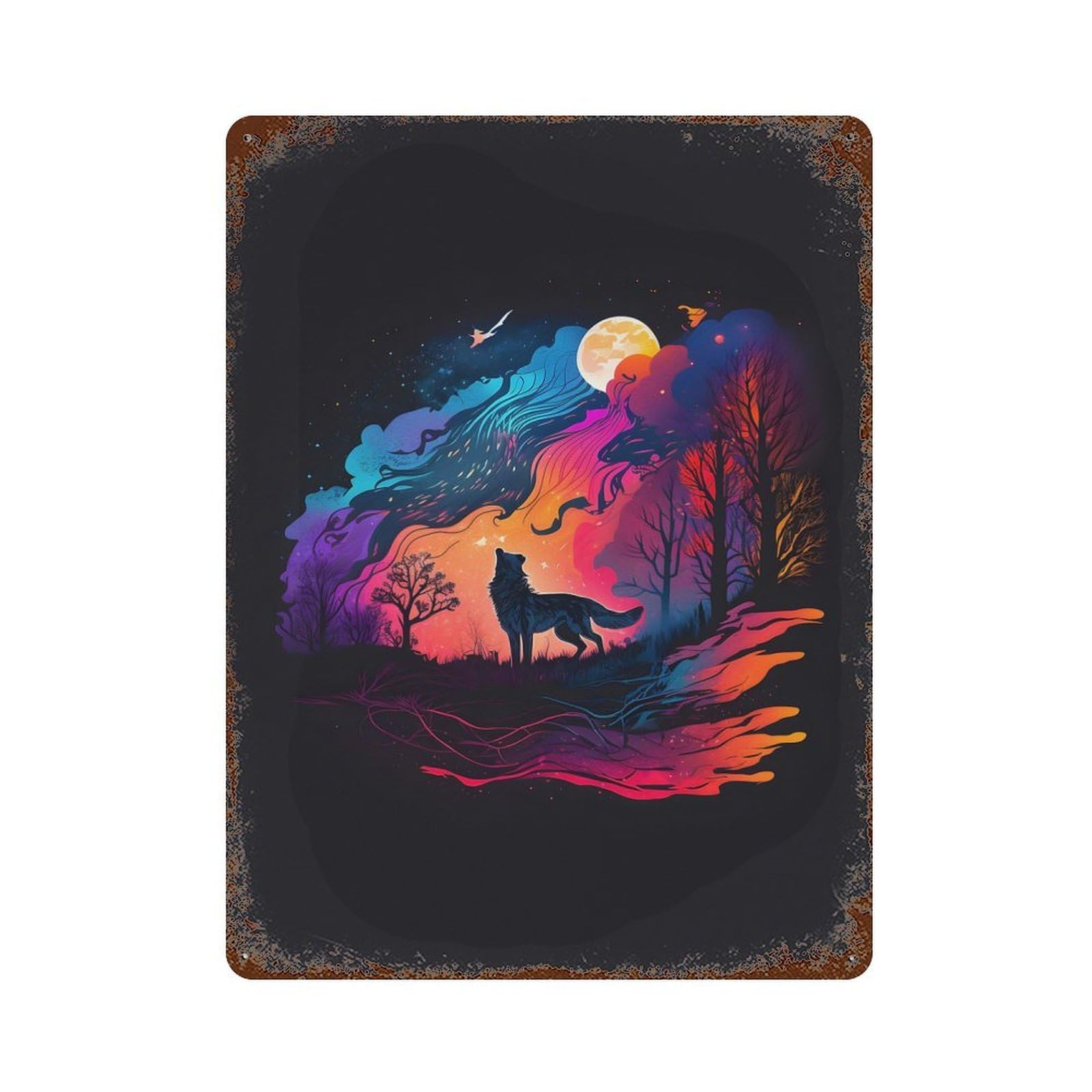 Coloful Night Wolf Retro Metal Sign 15.7"x11.8", Ideal for Shed, Workshop And Garage Wall Decor