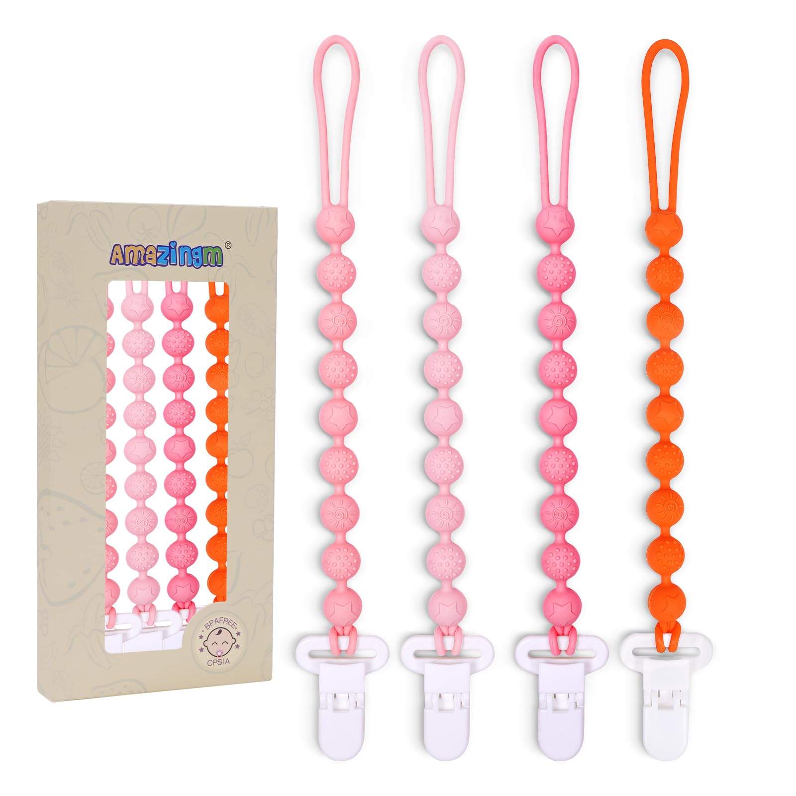 4 Pcs Pink Baby Silicone Teething Pacifier Clip,One-piece Design,Round Shape,Textured Surface,BPA Free.