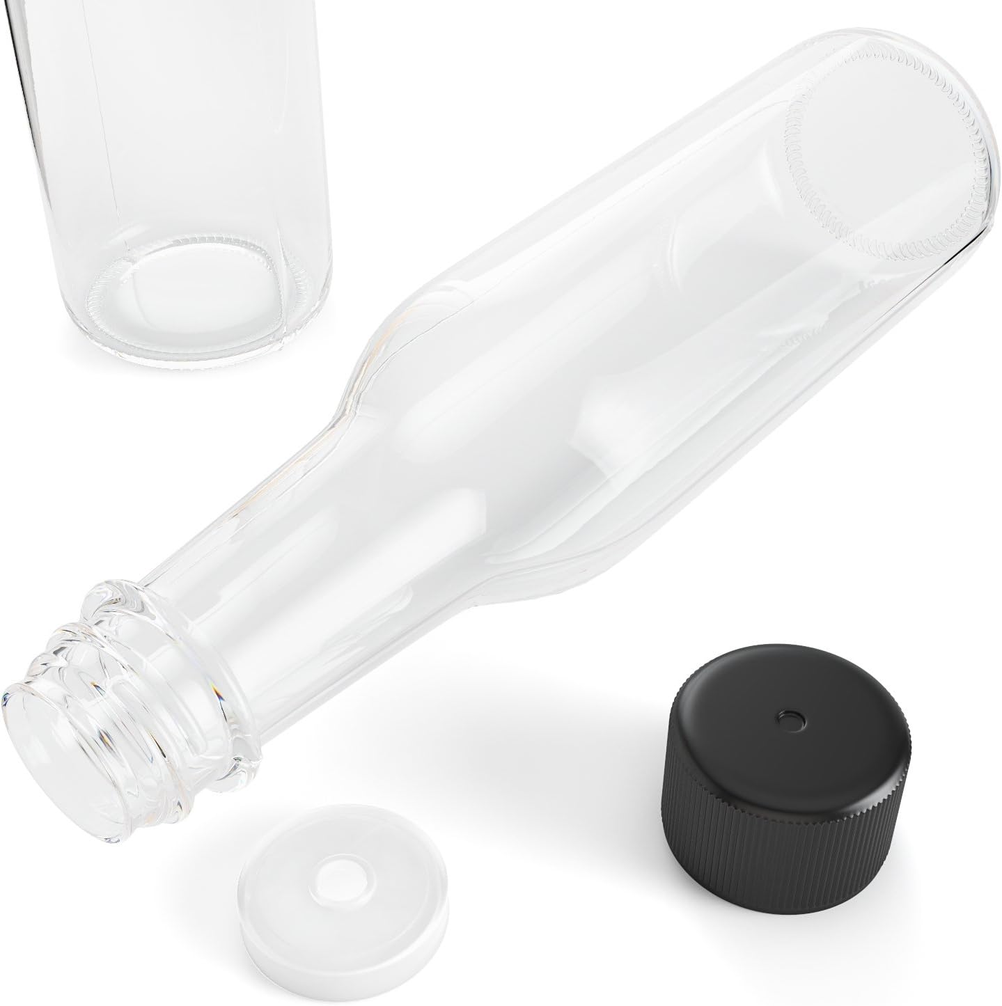 Glogex Empty Glass Hot Sauce Bottles (30 Pack, 5 Oz) with Leak Proof Black Screw Caps and Snap On Dripper Inserts