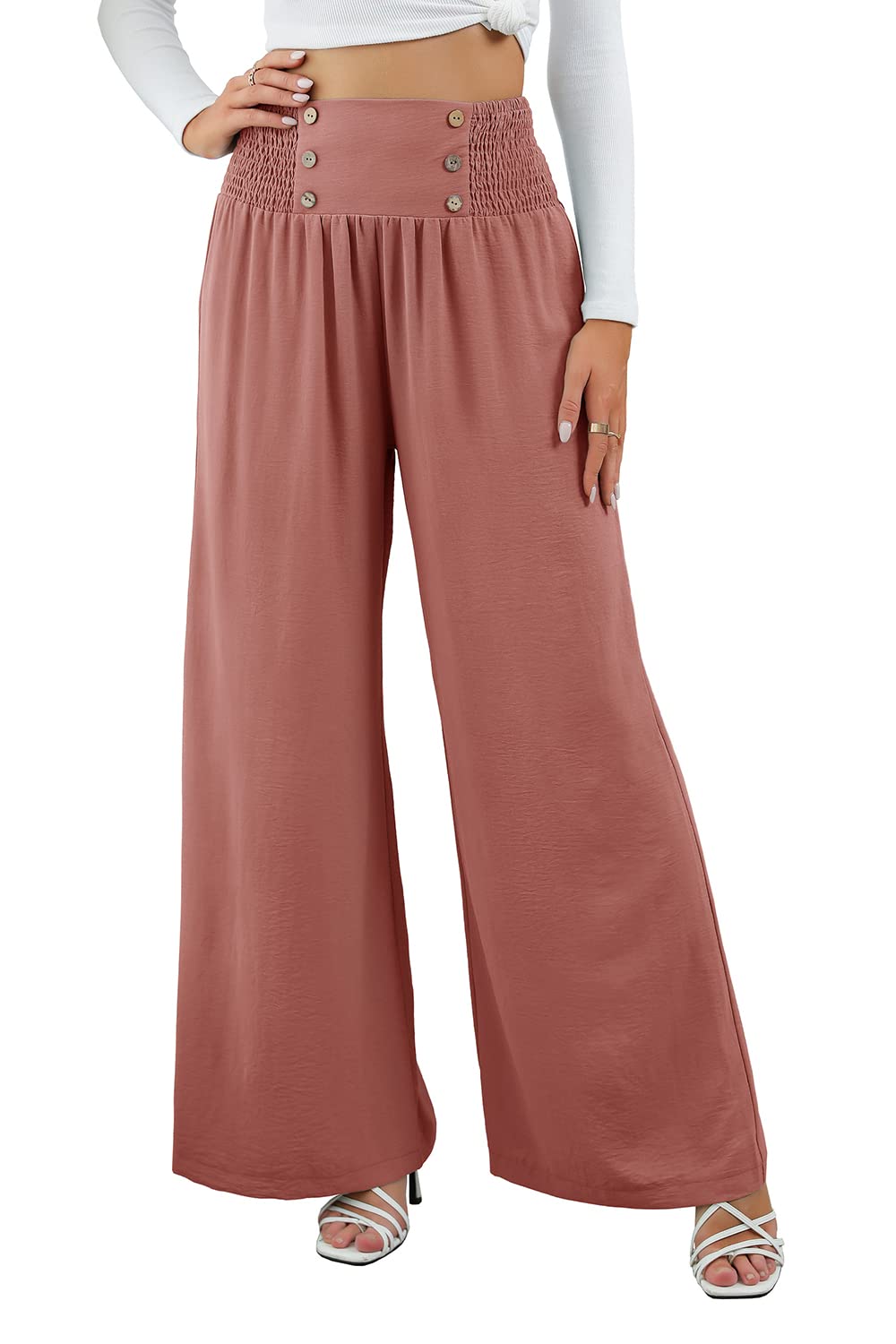 ebossy Womens Smorked Elastic High Waist Trousers Casual Utility Wide-Leg Long Palazzo Pants