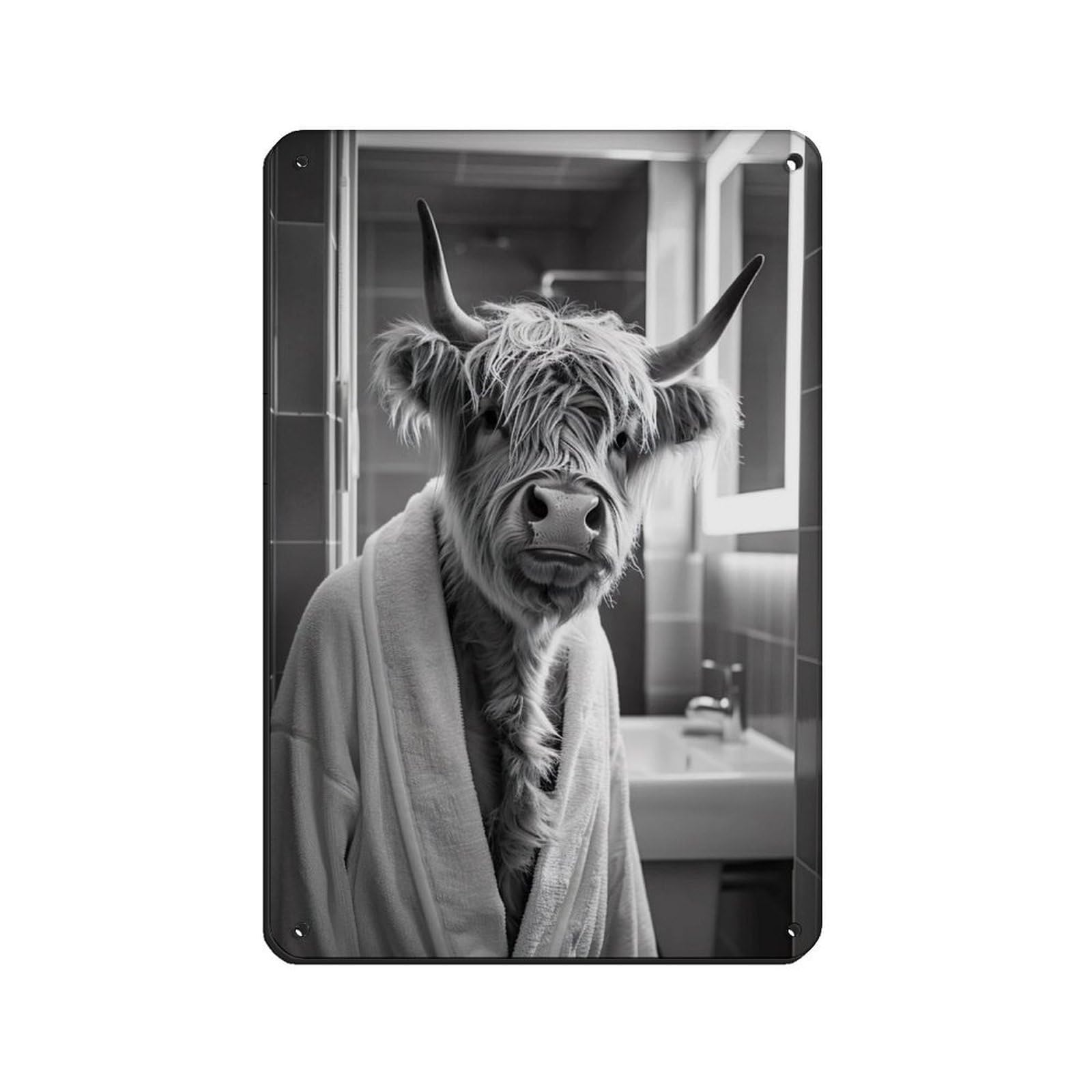 Highland Cow in A Bathrobe, Funny Bathroom Art (2) Retro Poster Metal Tin Sign Chic Art Retro Iron Painting Bar People Cave Cafe Family Garage Poster Wall Decoration 8x12inch(20x30cm)