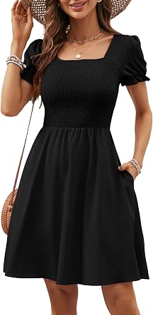 Berydress Womens Summer Dresses 2026 Pockets Short Sleeve Square Neck Flowy A Line Casual Boho Smocked Mini Sun Dress