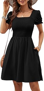Women's Summer Dresses 2025 Pockets Short Sleeve Square Neck Flowy A Line Casual Boho Smocked Mini Sun Dress - Buy now