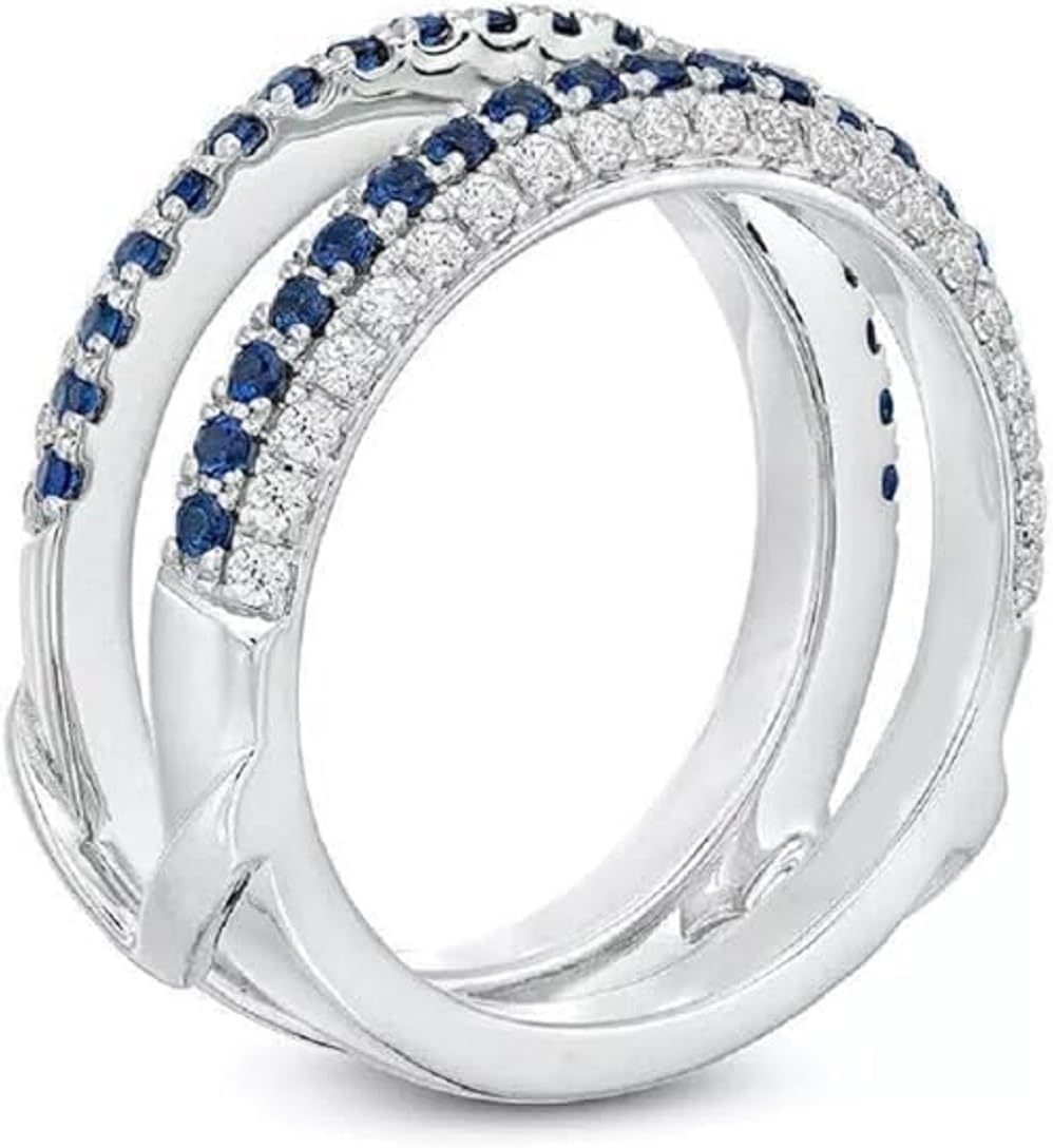 Round Cut Blue Sapphire & Diamond 14k White Gold Finish Classic Anniversary Enhancer Wrap Ring Guard For Women's