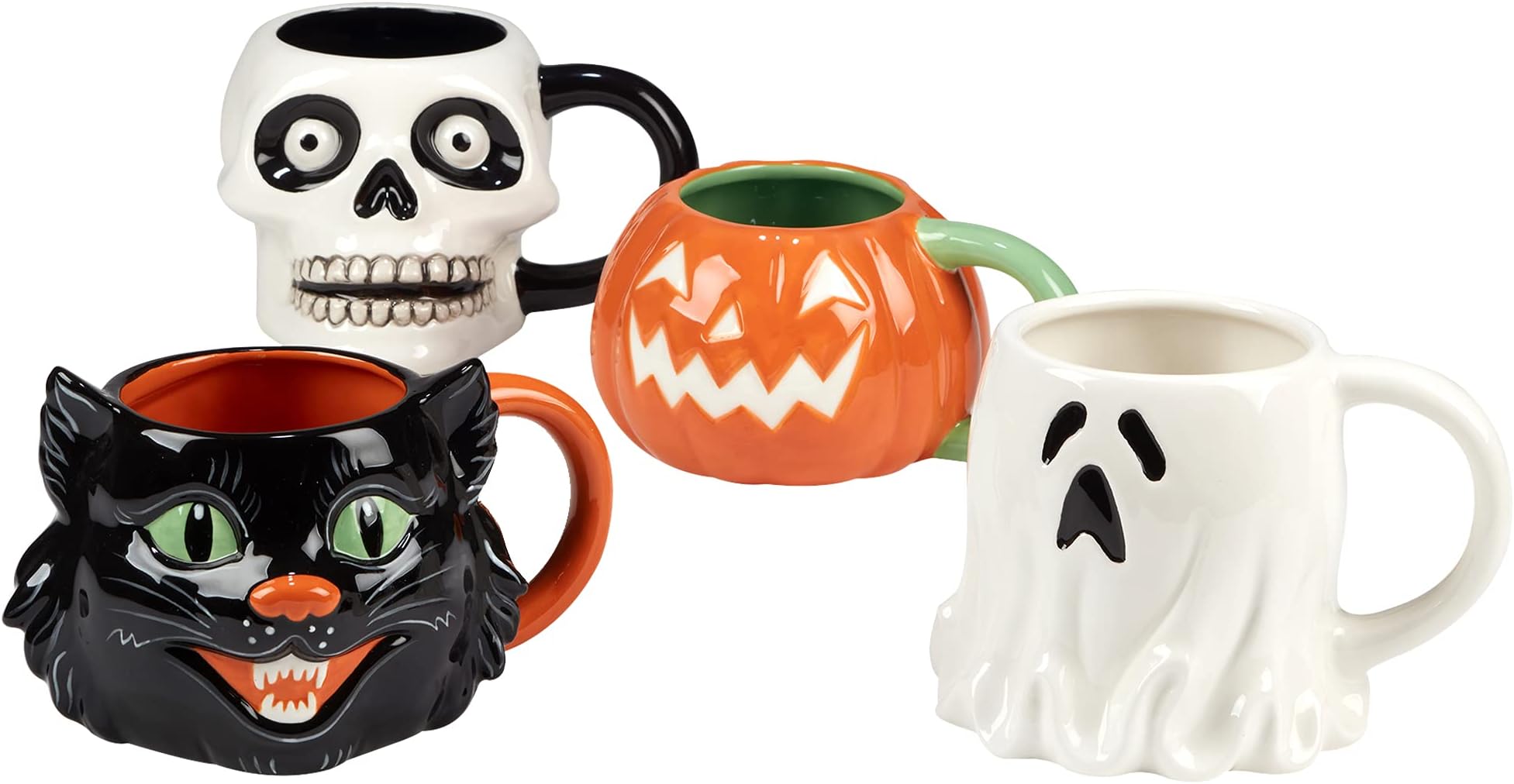 Scaredy Cat 3-D Ceramic Halloween Mugs, Set of 4 – Add spooky fun to your fall mornings with ghost, pumpkin, skull, and black cat designs, perfect for coffee, cocoa, or festive party drinks