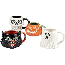 Scaredy Cat 3-D Ceramic Halloween Mugs, Set of 4 &ndash; Add spooky fun to your fall mornings with ghost, pumpkin, skull, and black cat designs, perfect for coffee, cocoa, or festive party drinks