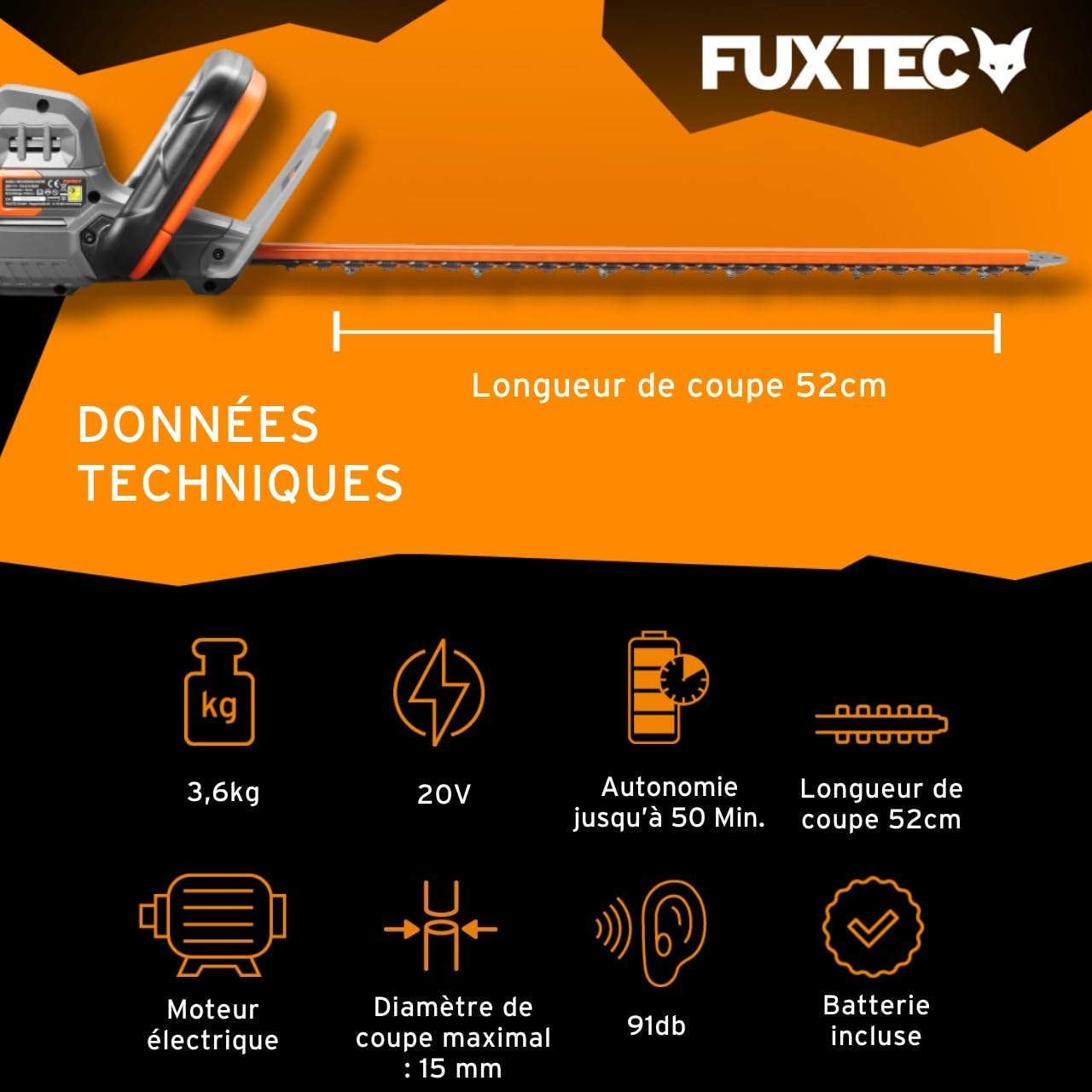 Taille-haie 20V avec Batterie FUXTEC FX-E1HS20 Taille-haie électrique avec Batterie Li-ION 2Ah et Chargeur 1A - Longueur de Coupe 52 cm