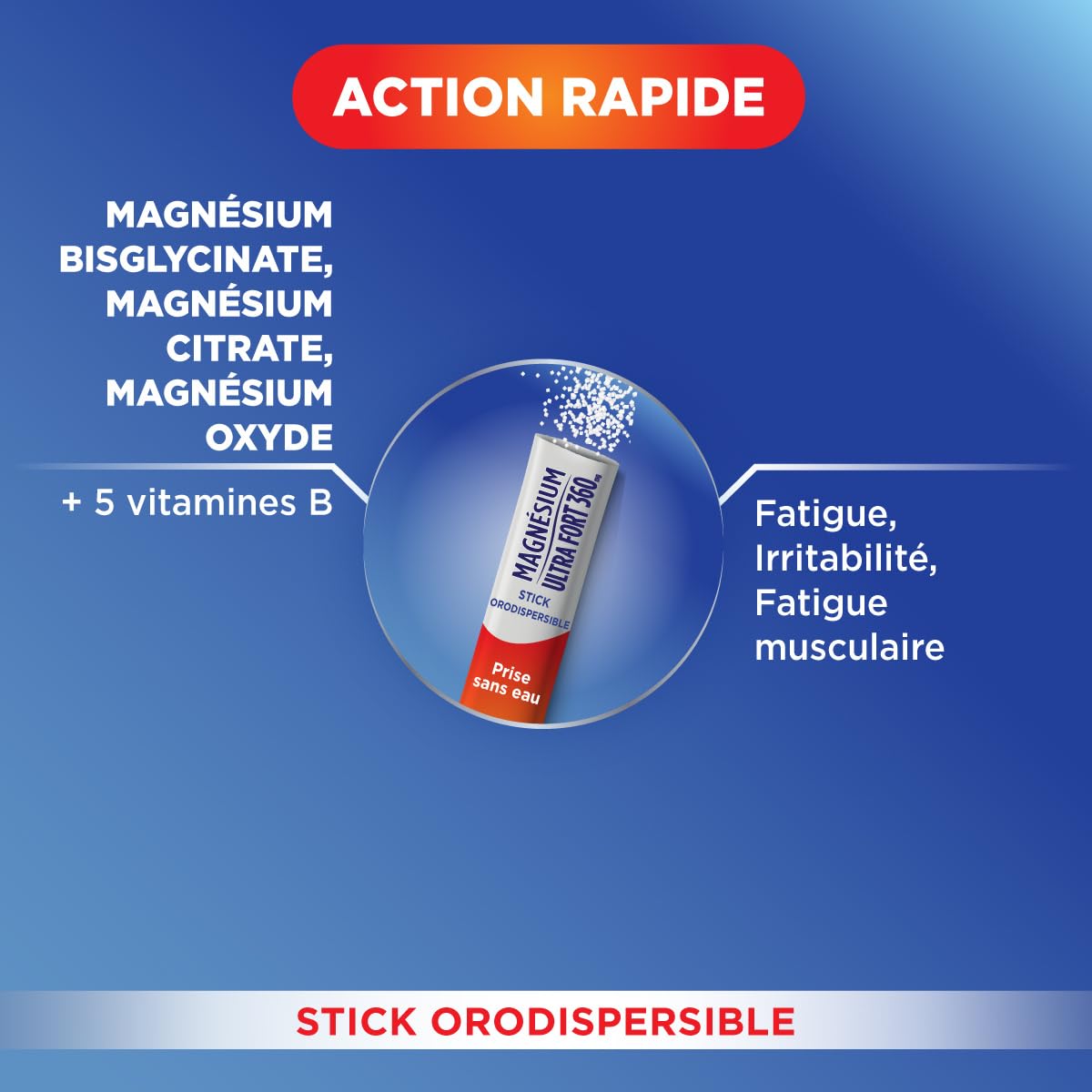 Forté Pharma - Magnésium Ultra Fort 360 - Energie booster, Irritabilité, Fatigue musculaire, Action rapide - 3 sources de magnesium dont bisglycinate, 5 Vitamines B - 30 sticks orodispersibles, 1/jour