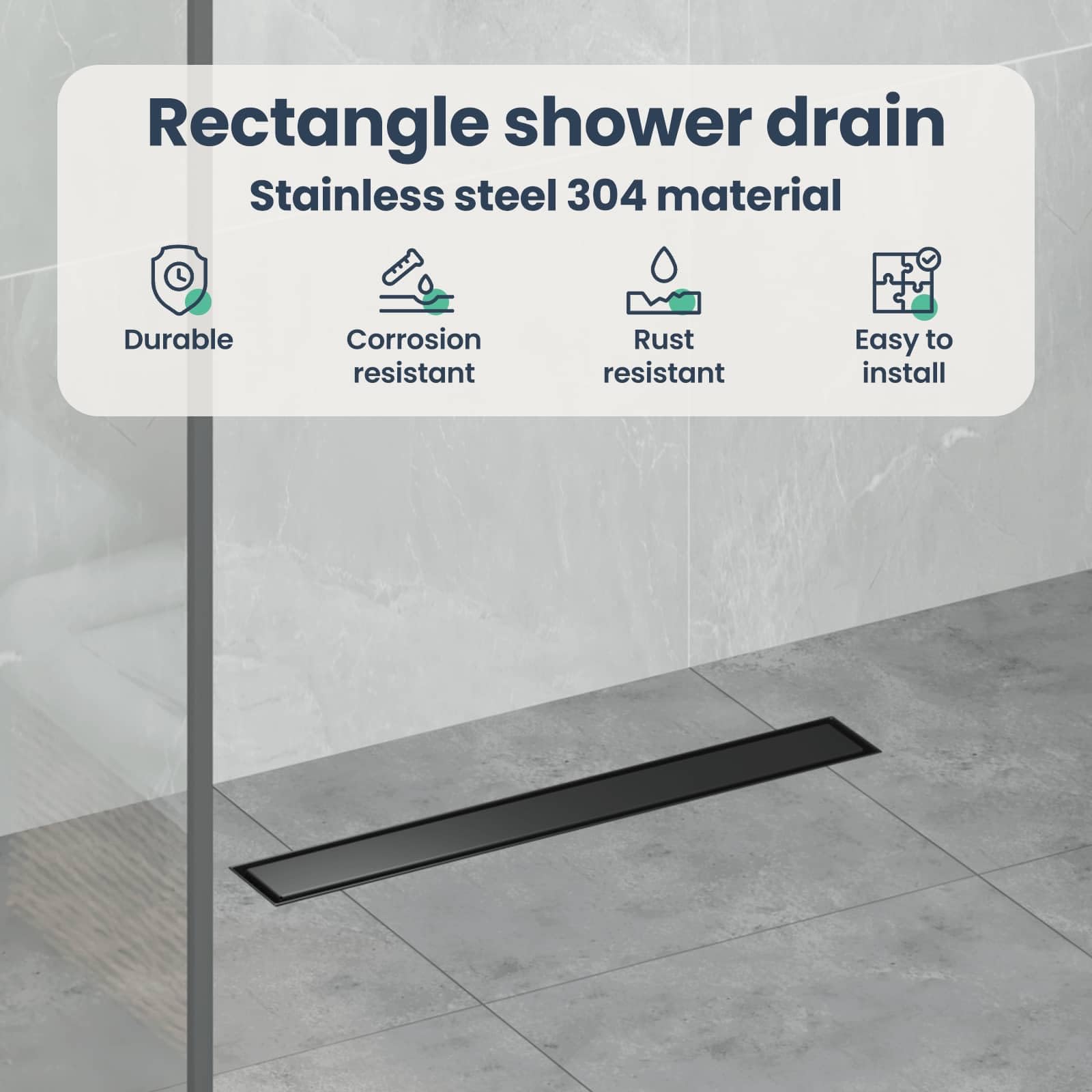 vidaXL Drenaggio Doccia 2 in 1 Nero 50 cm Acciaio Inox 304, Stile per Il Bagno, Scarico Doccia Moderno, Soluzione idraulica, Accessori per Il Controllo dell'Acqua