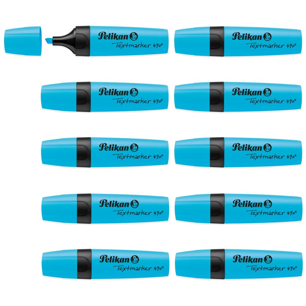 Pelikan 490 Highlighters, Blue, Water-Based Ink, Exam & Study Highlighters with Chisel Tip, Pack of 10 in box