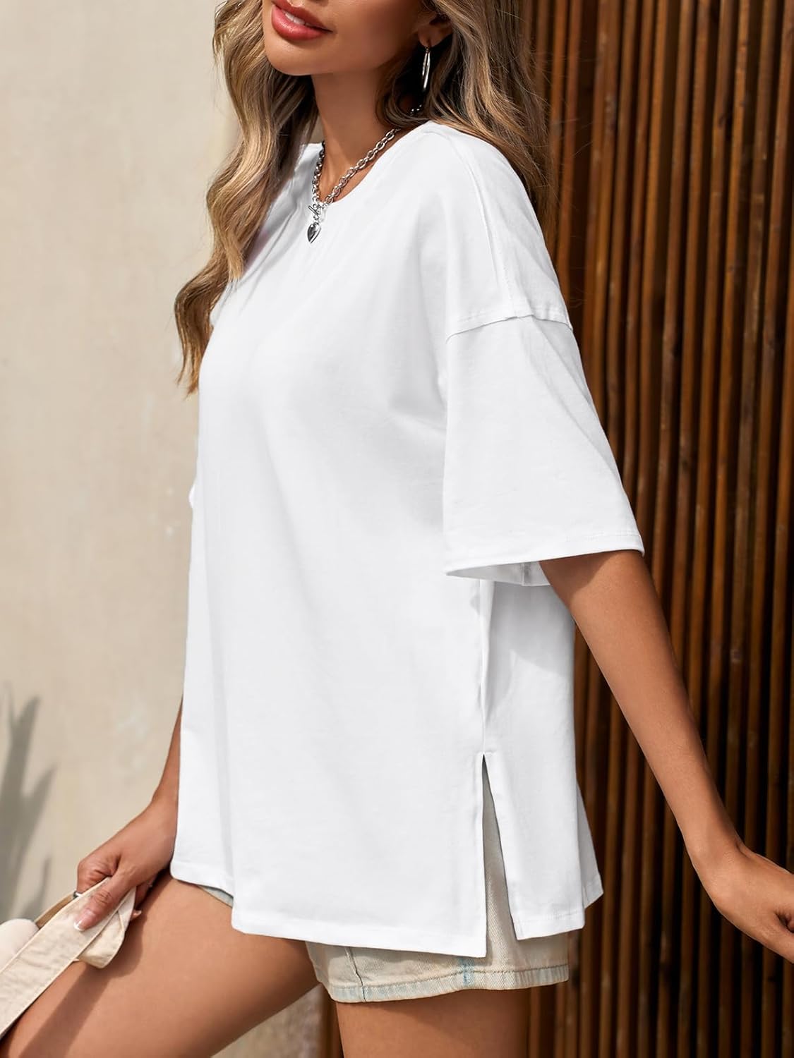 Tankaneo Womens Oversized Tshirts Summer Casual Short Sleeve Crew Neck T Shirt Loose Fit Side Slit Tee Tops - Image 3