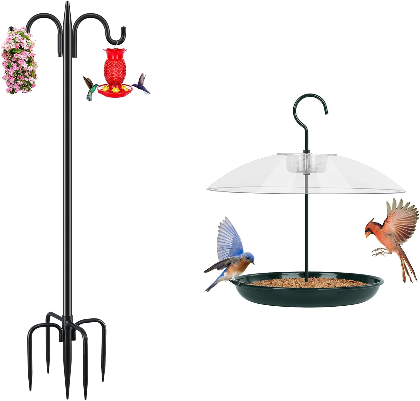 Gtongoko Double Shepherds Hook 92 Inch Bird Feeder Pole Bundle Platform Bird Feeder with 12” Weatherproof Dome
